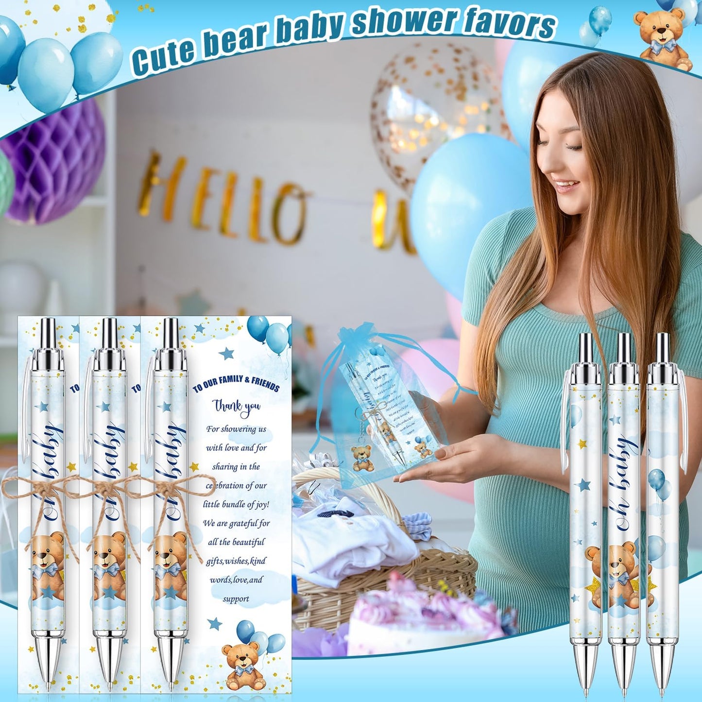 145 Pieces Baby Shower Favors for Guest Blue Teddy Bear Ballpoint Pens and Keychains Gifts for Boys