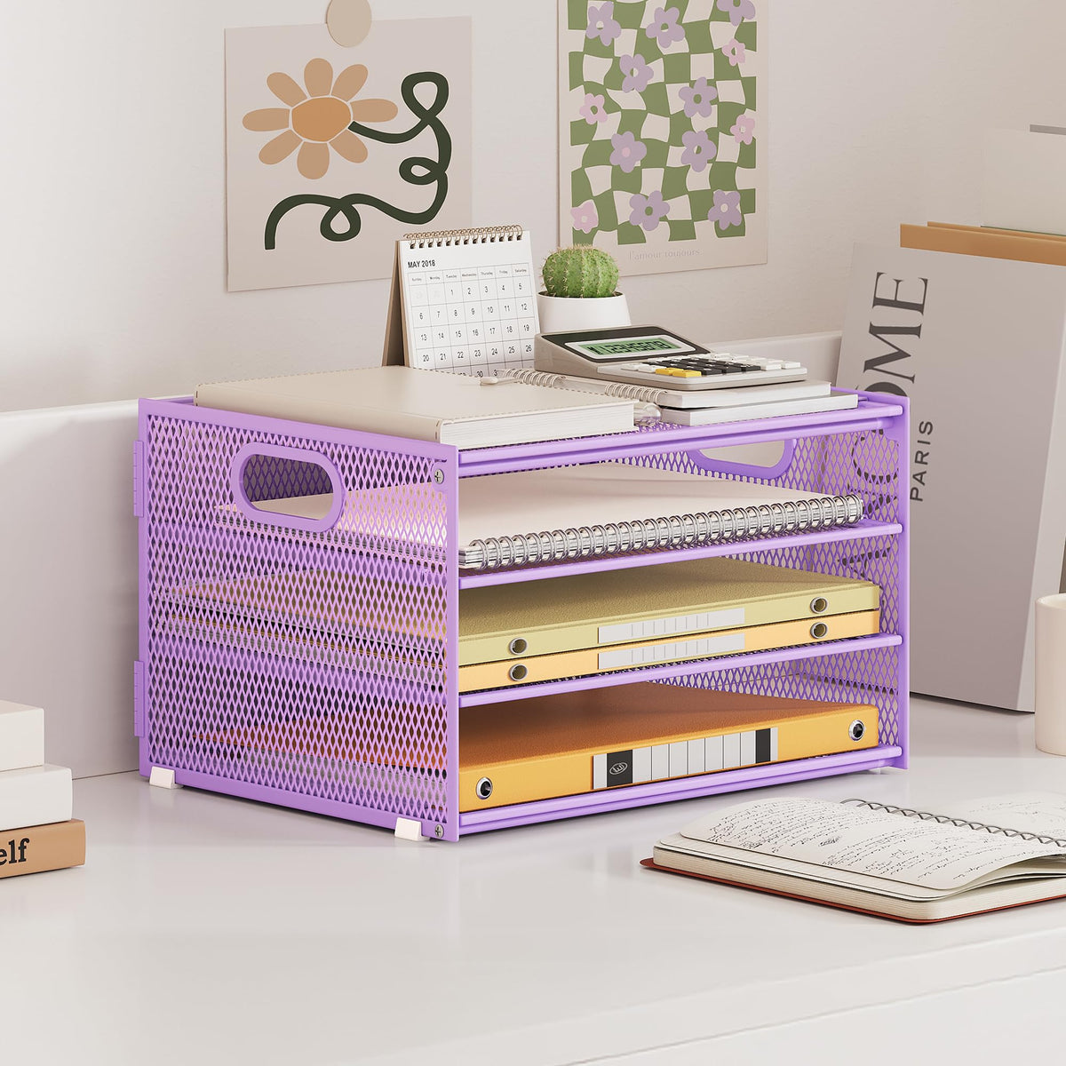 Paper Organizer with Handle,4 Tier Letter Tray Purple Desk Organizer Set