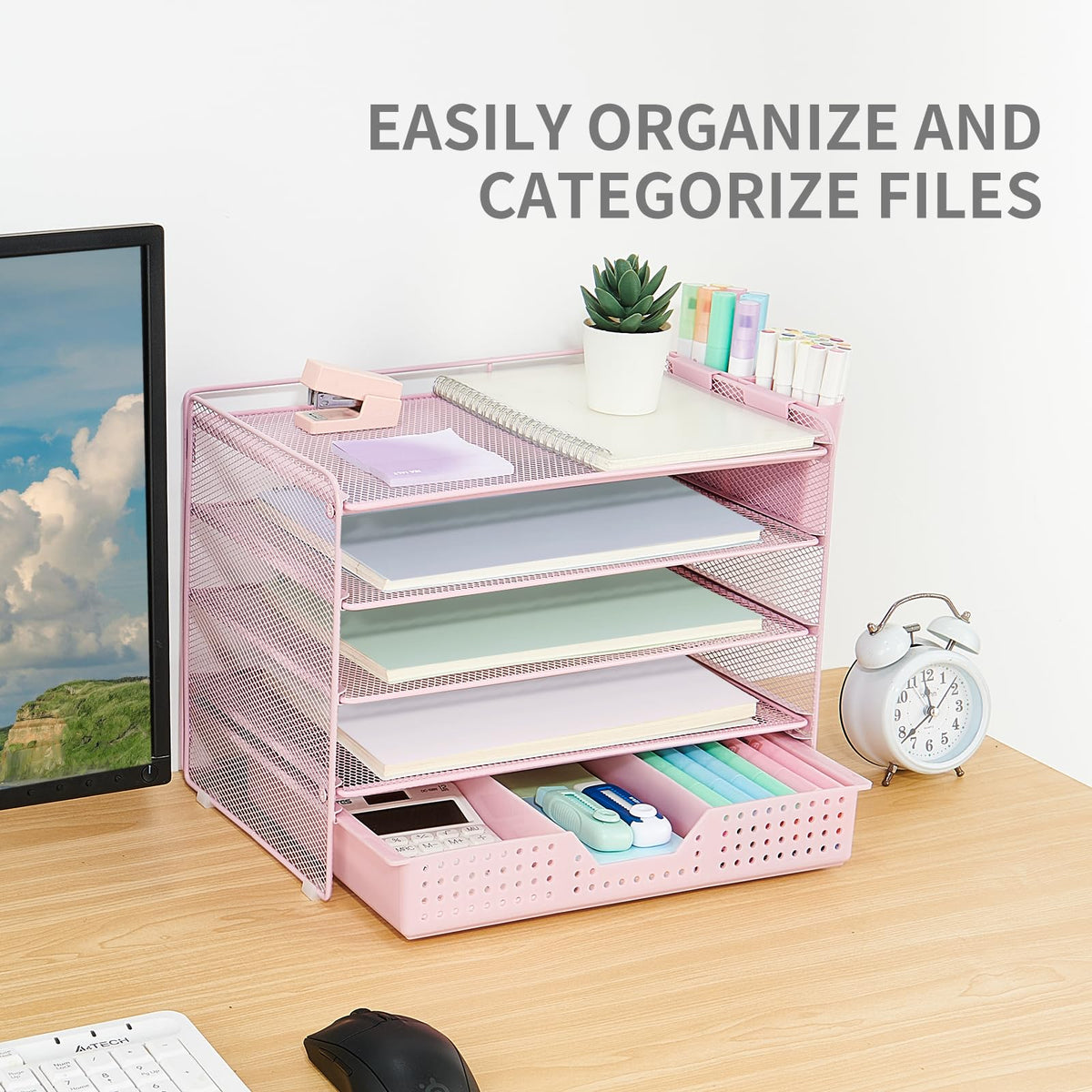 LEKETREE Desk Organizers and Accessories, 5-Tier Paper Letter Tray Organizer with Drawer & 2 Pen