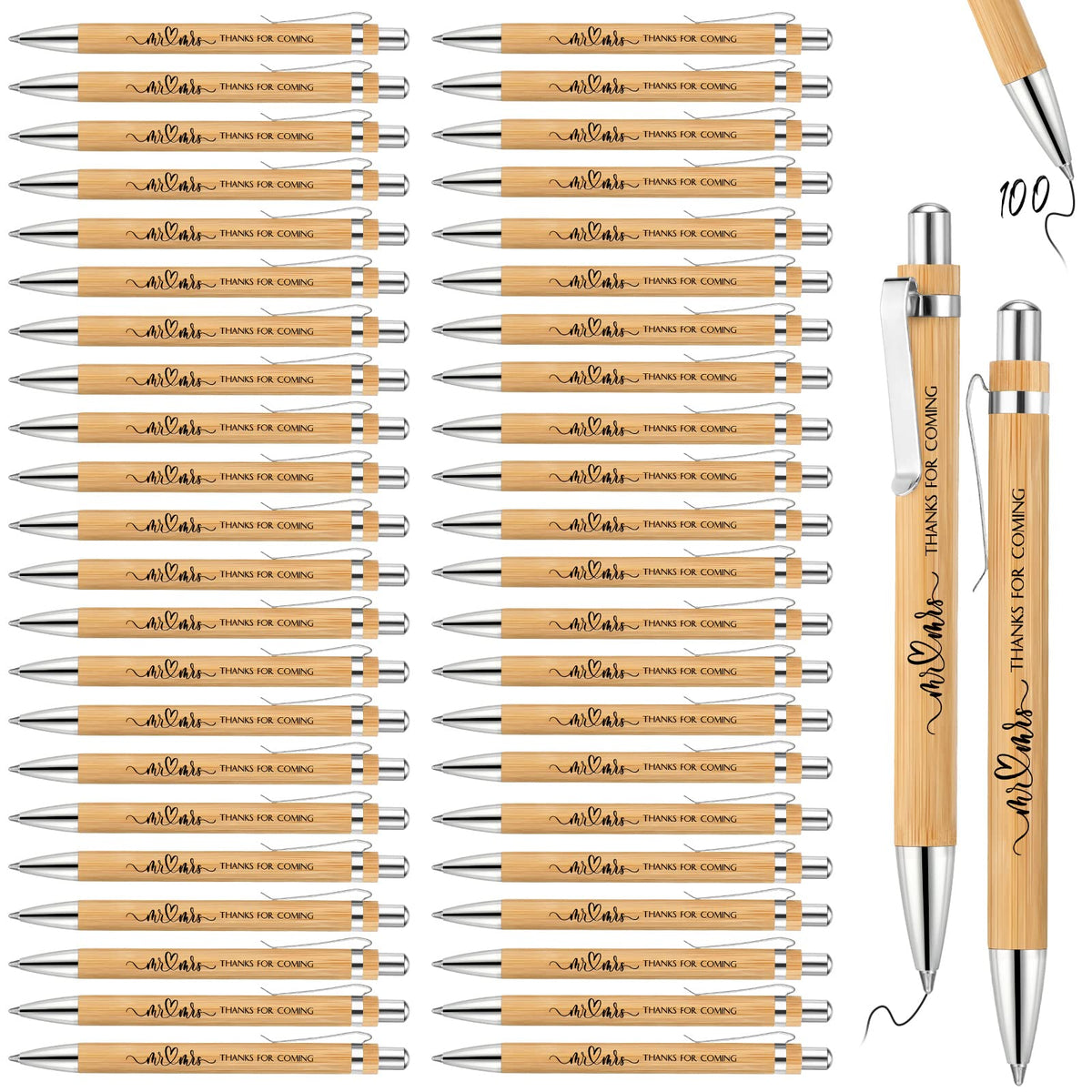Fumete 100 Pieces Bamboo Wedding Pens Bulk Ballpoint Black Ink Bridal Shower Pens for Wedding
