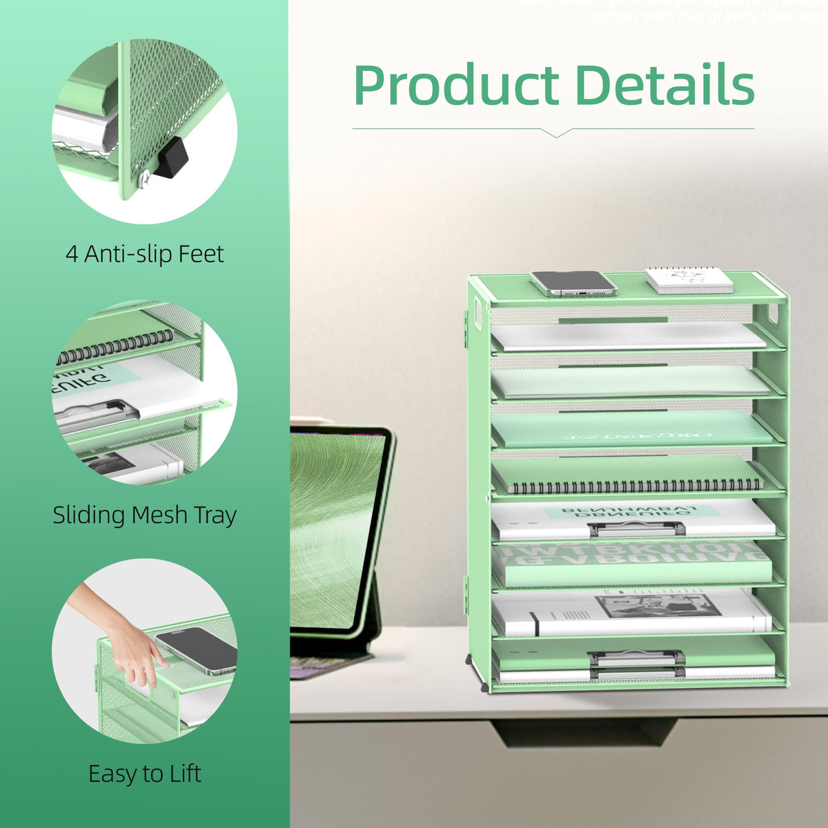 9-Tier Paper Organizer for Desk with Handles, Mint Green, 2 Pack