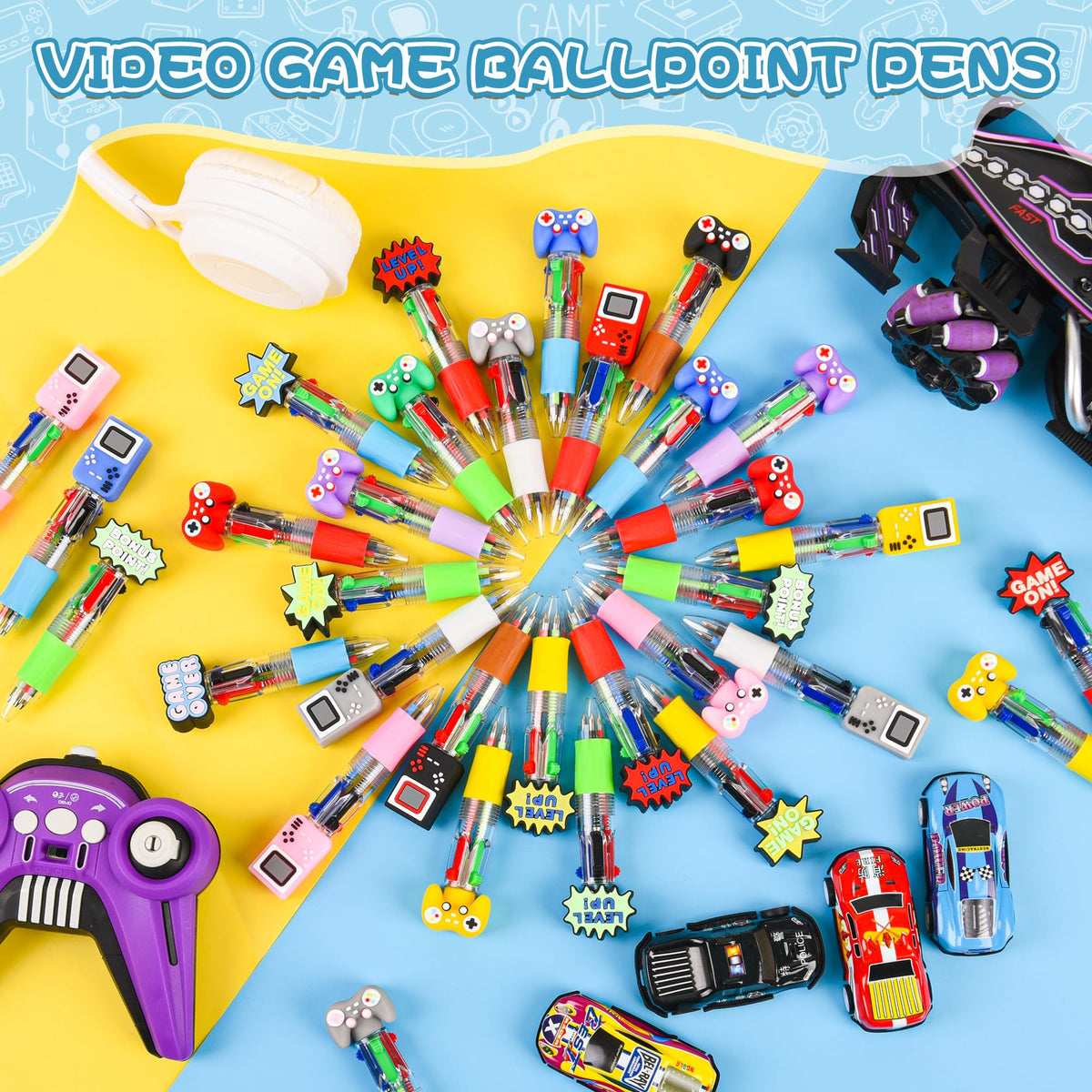 LiYiQ 100 Pcs Video Game Party Favors Multicolor Pen in One Cartoon Cute Fun 4-in-1 Cute Pens Bulk