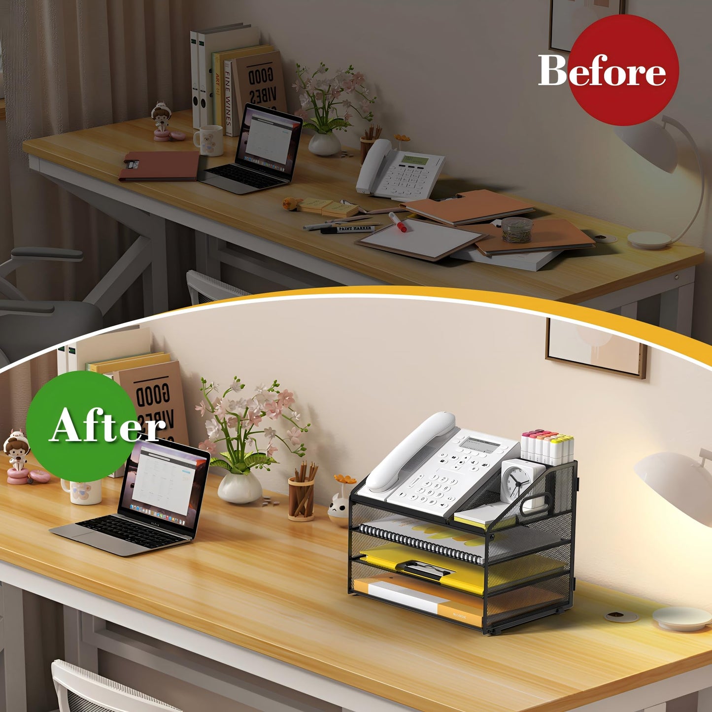 OrgMate 4 Tier Mesh Desk Organizer with Pen Holder and Handle Letter Tray