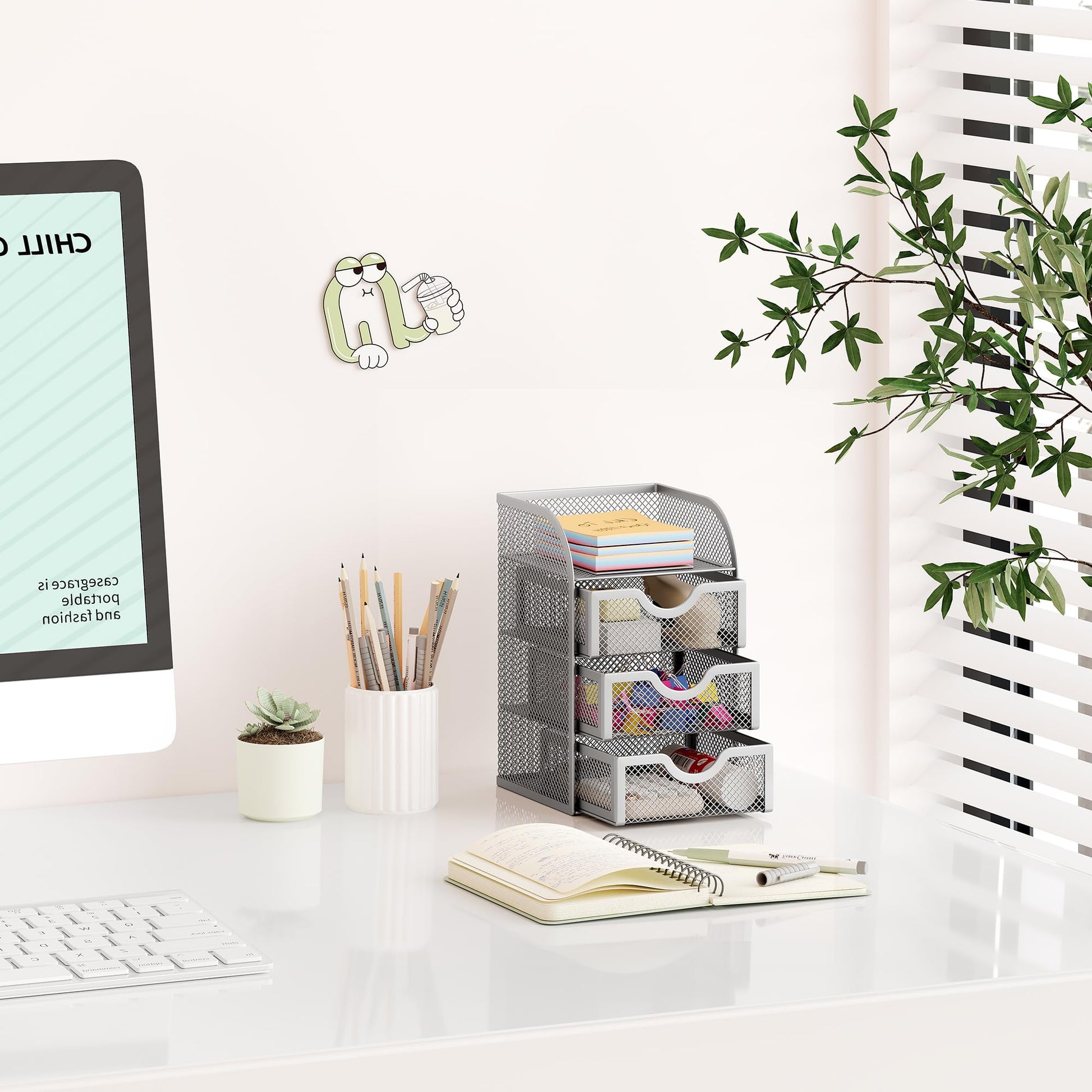 EasyPAG Mesh Desk Organizer with 3 Drawer Office Desktop Organizers and Accessories Stationery