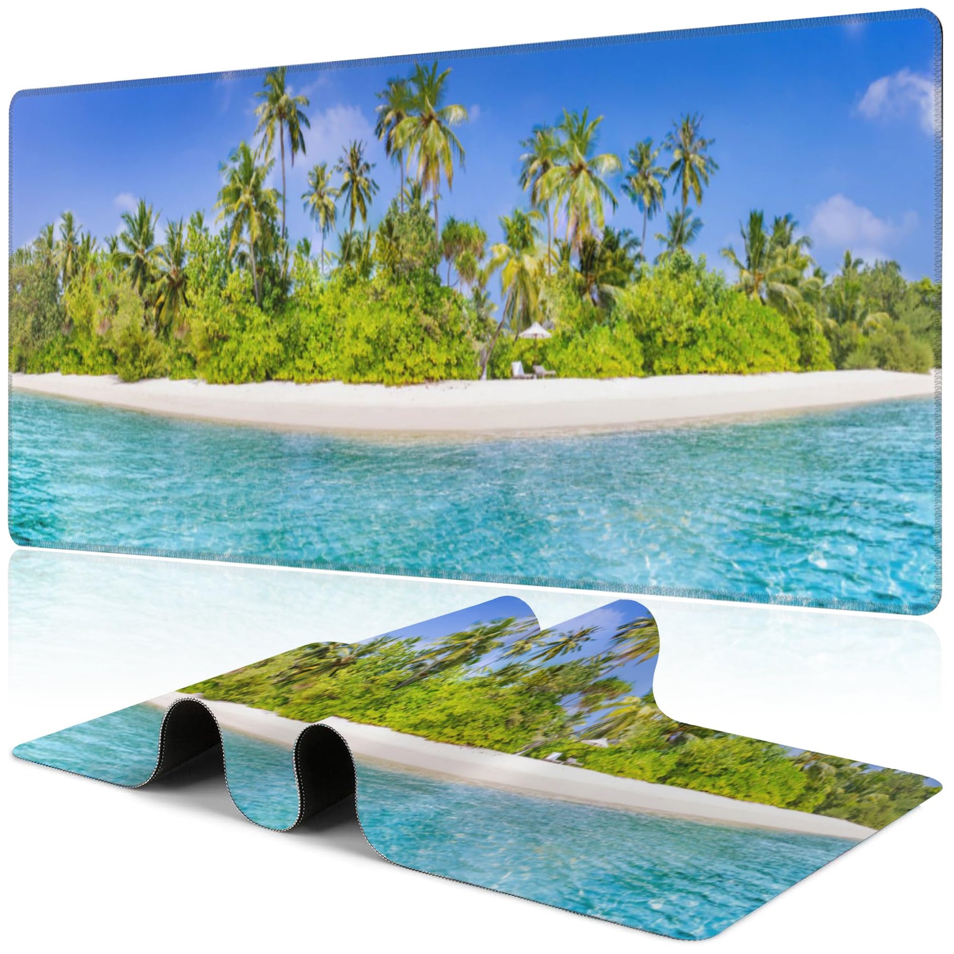 Tropical Nature Landscape Desk Mat,Large Summer Beach Seawater and Palm Trees Gaming Keyboard Mouse