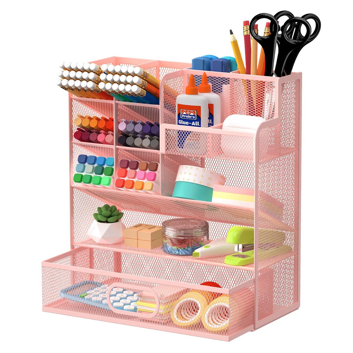 ReePlan Mesh Pen Organizer for Desk, 13 Compartments with Drawer, Pink