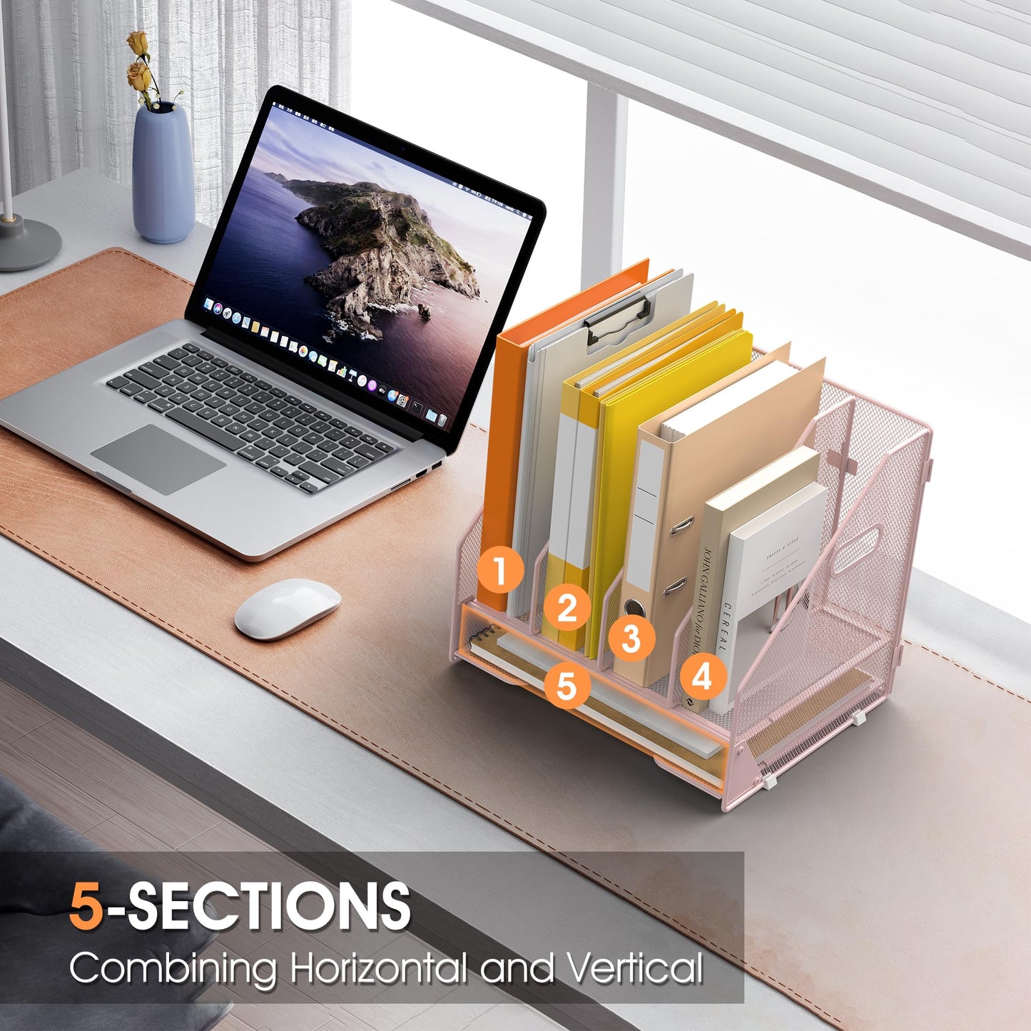 OrgMate 4 Vertical Mesh Desk Organizer with Paper Letter Tray, Pink