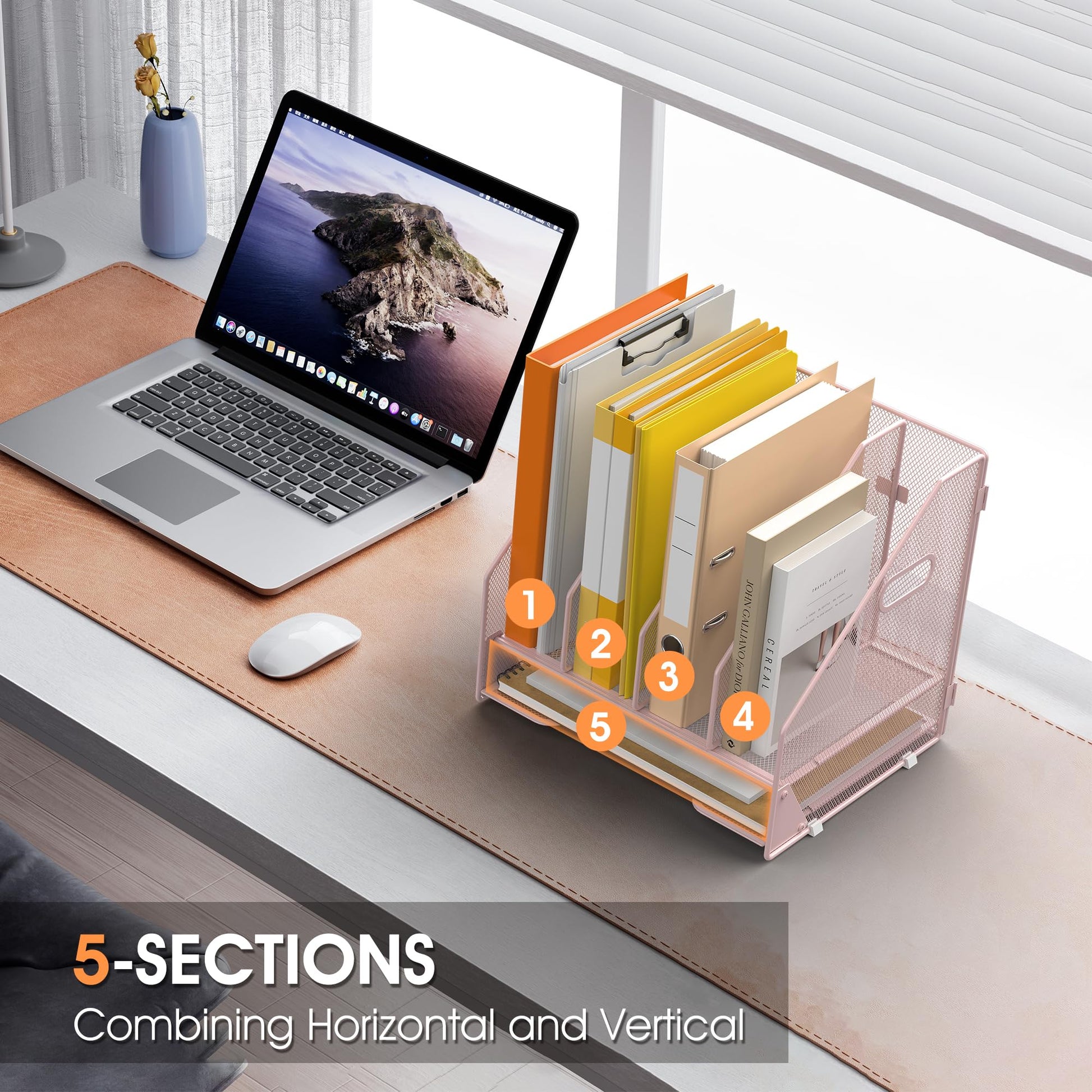 OrgMate 4 Vertical Mesh Desk Organizer with Paper Letter Tray, Pink