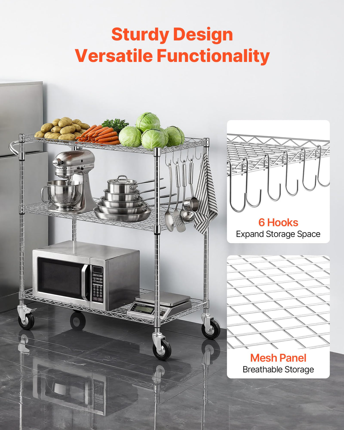 VEVOR 3 Tier Rolling Utility Cart, 661 lbs Static Capacity, Heavy Duty Adjustable Wire Storage Cart