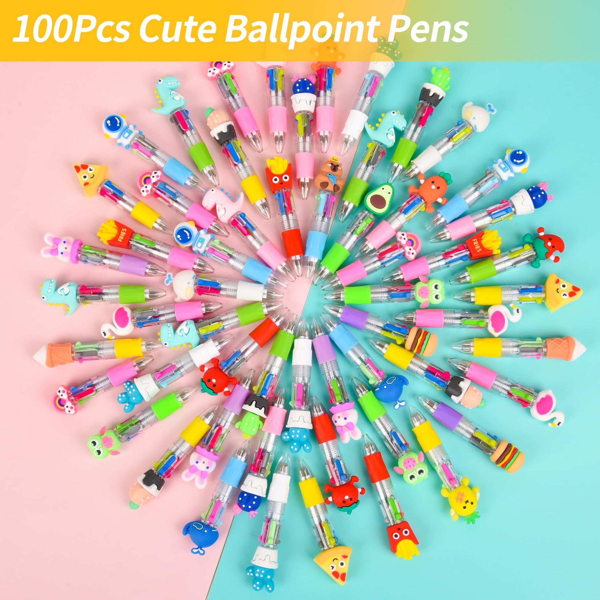 LiYiQ 100 PCS Multicolor Pen in One Fun 4-in-1 Cute Pens Bulk Kawaii Cool Ballpoint Pens for Kids