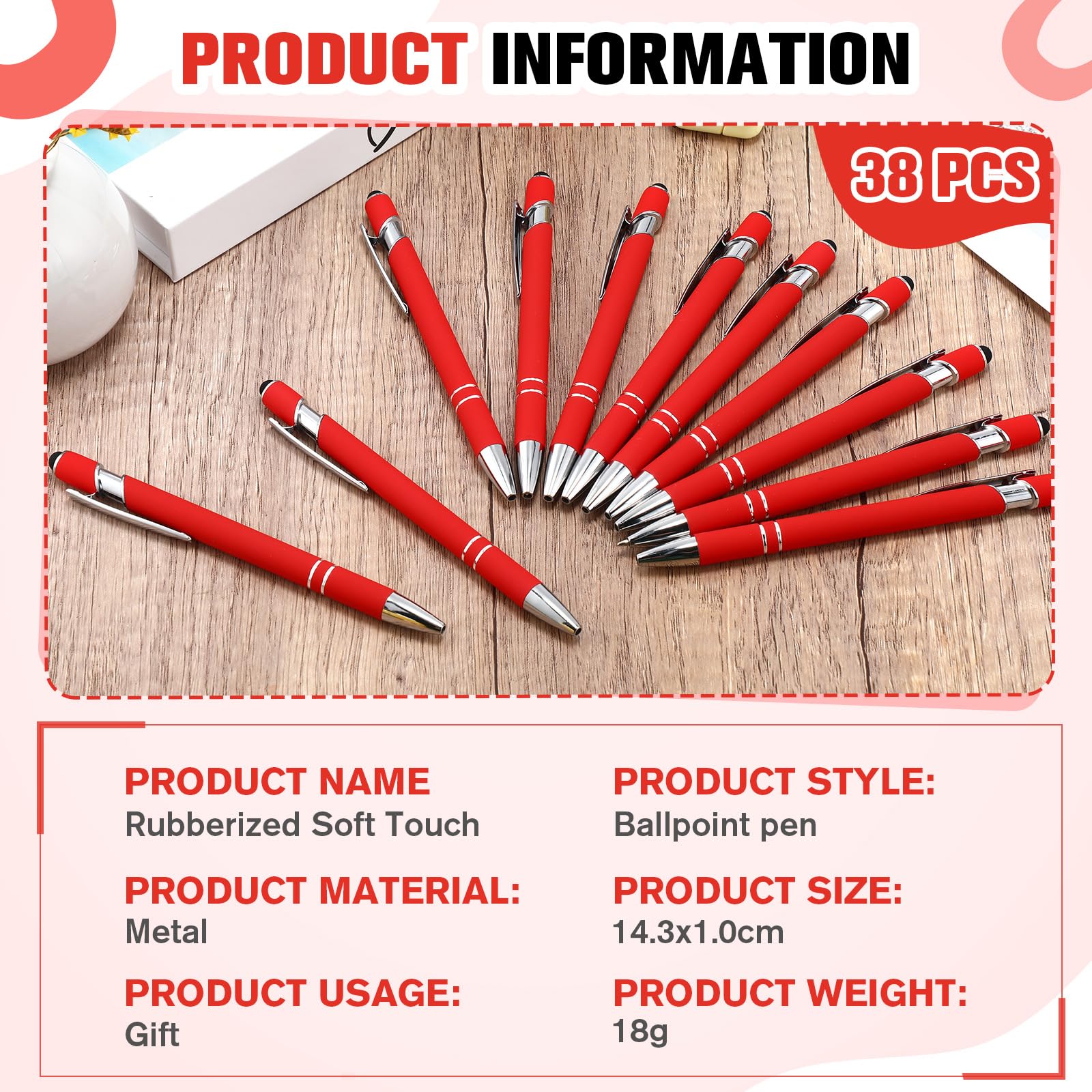 Zonon 38 Pcs Stylus Ballpoint Pens, Metal Rubberized Grip, Red