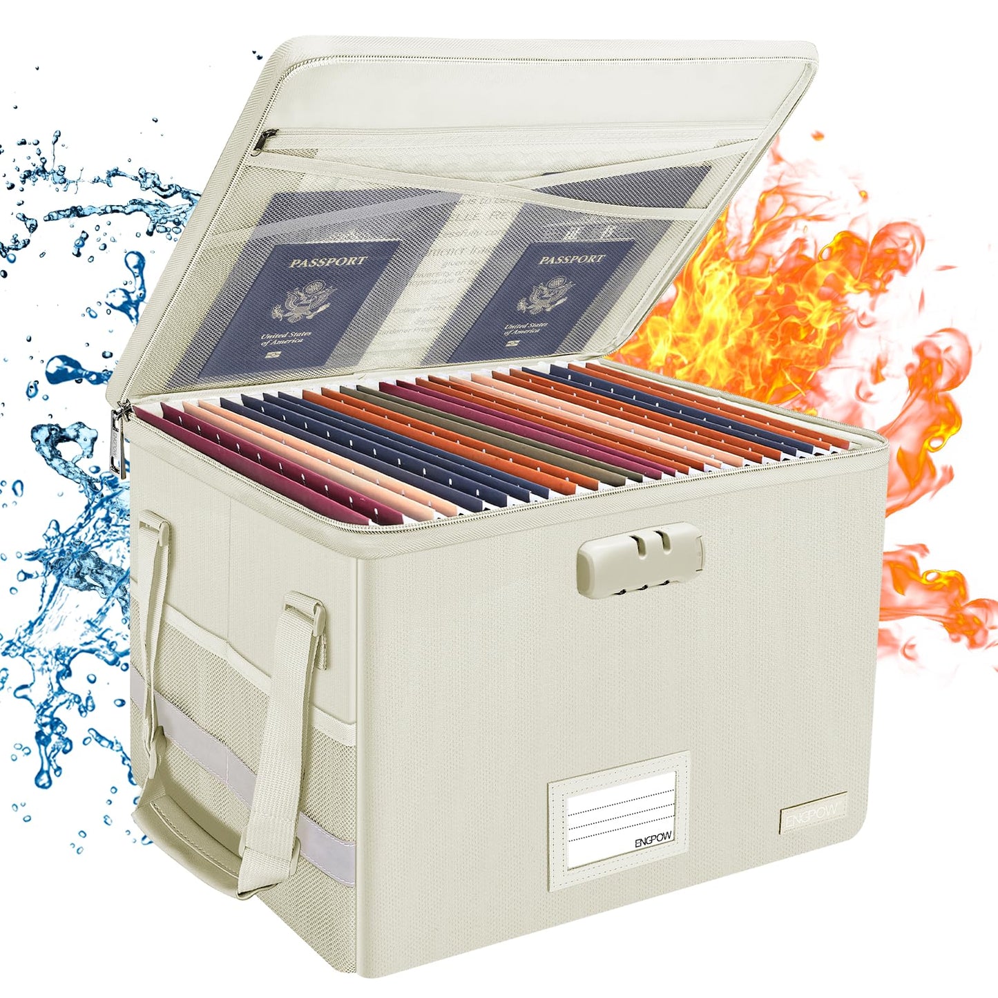 ENGPOW File Box with Lock, Fireproof Document Box with Zipper Lid, Collapsible File Storage