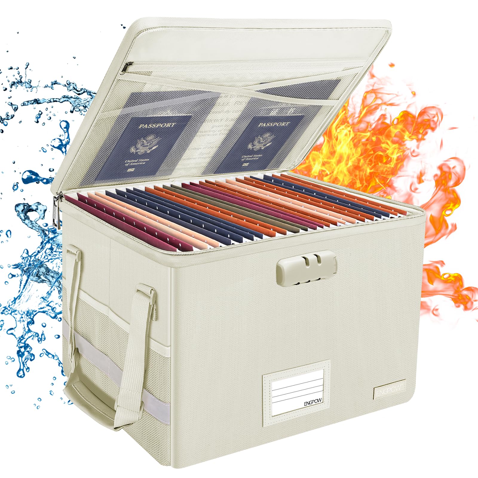 ENGPOW File Box with Lock, Fireproof Document Box with Zipper Lid, Collapsible File Storage