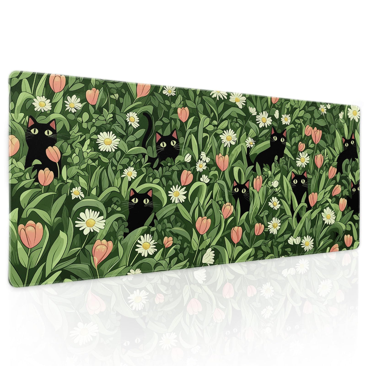 Kawaii Green Plant Gaming Mouse Pad XL Cute Black Cat Flower Cottagecore Extended Big Large Desk