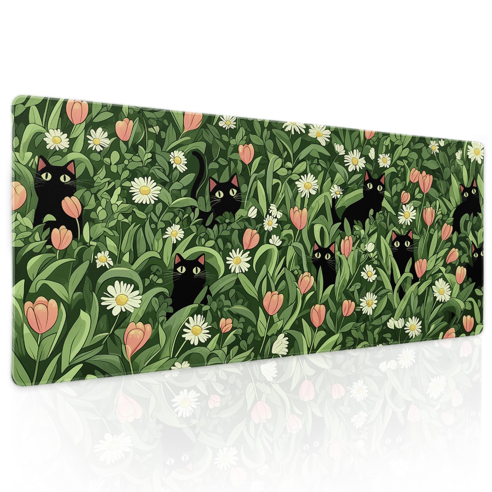Kawaii Green Plant Gaming Mouse Pad XL Cute Black Cat Flower Cottagecore Extended Big Large Desk