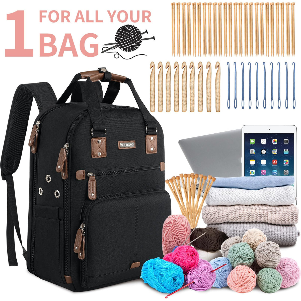 Crochet Bag Backpack,Knitting Bag Backpack and Totes Organizer with USB Charging Port, Large Yarn