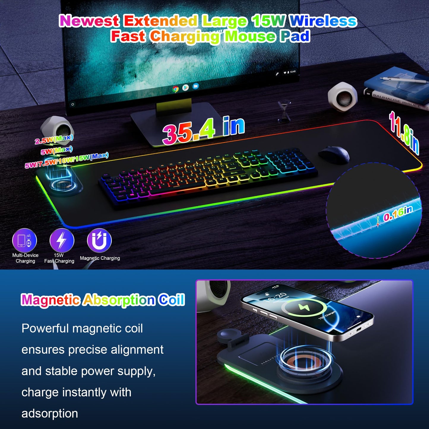 HAUTOCO Wireless Charging Mouse Pad, RGB Large Gaming Desk Mat