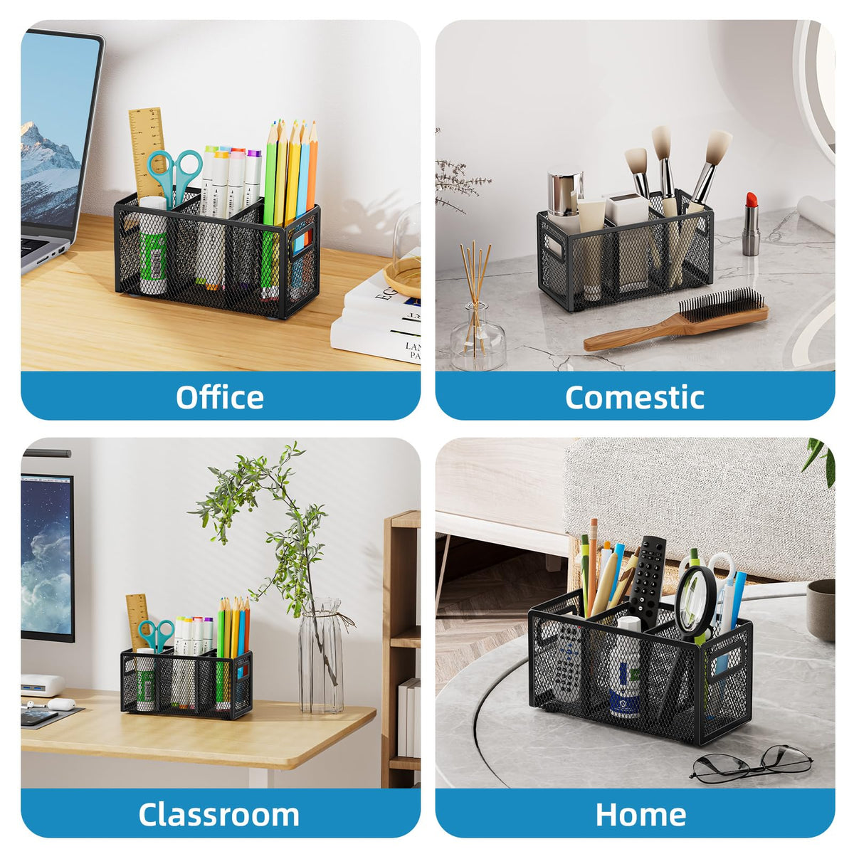 Marbrasse Mesh Pen Holder for Desk, Pencil Holder Desk Organizer 3 Adjustable Compartments, Pencil
