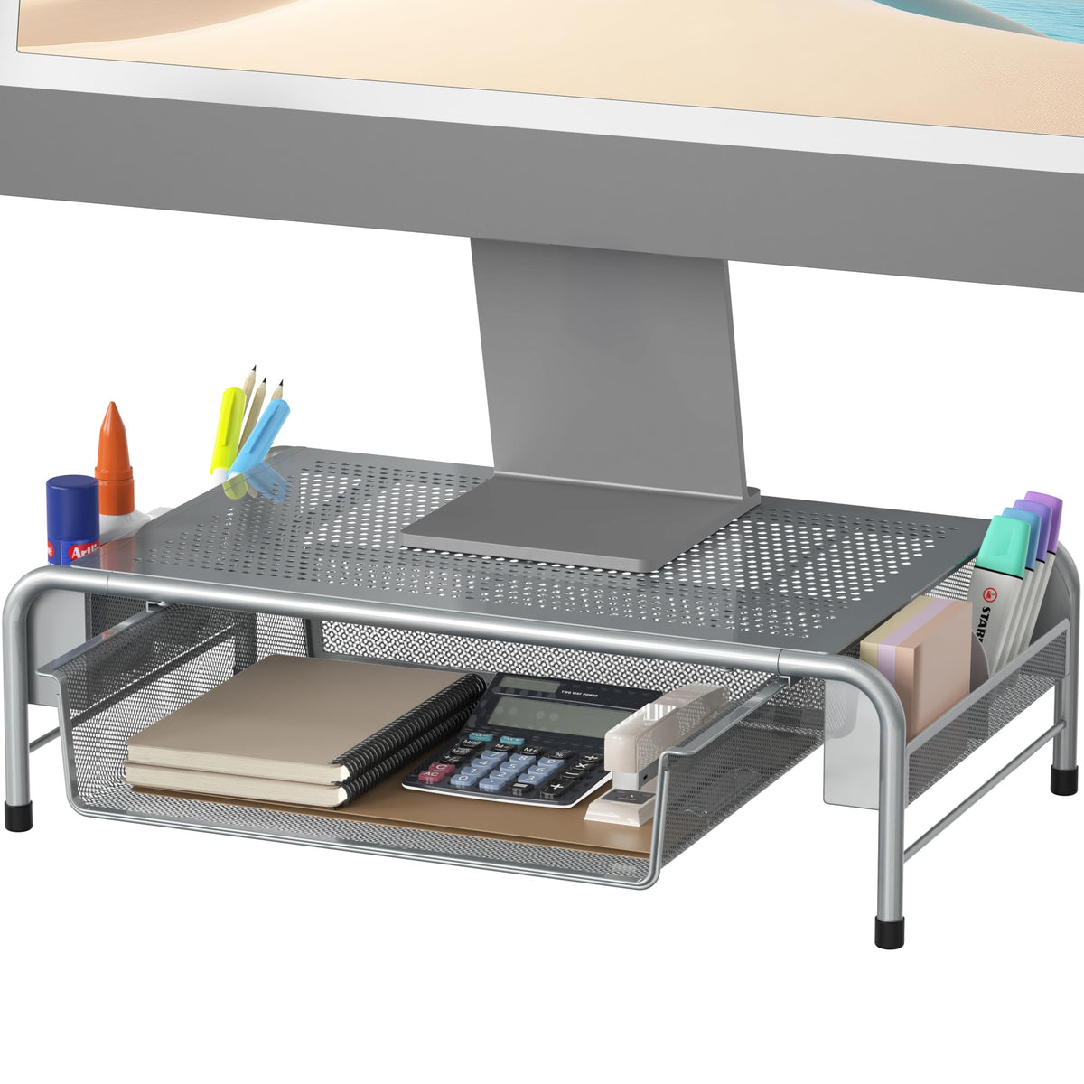 Simple Houseware Metal Desk Monitor Stand Riser w/ Organizer Drawer, Silver
