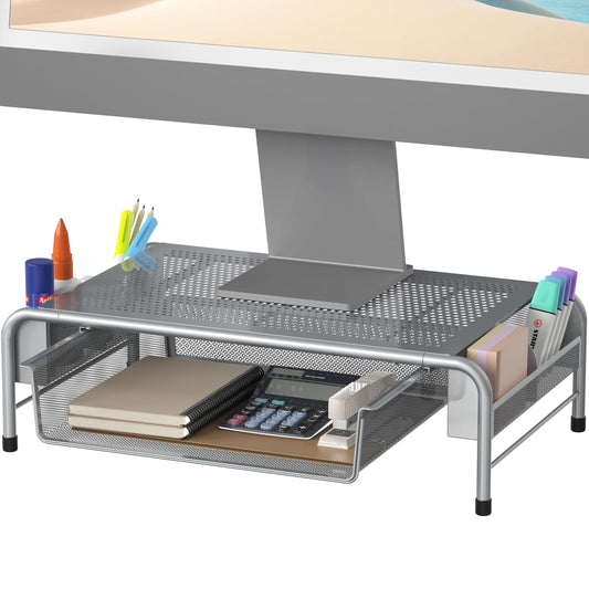 Simple Houseware Metal Desk Monitor Stand Riser w/ Organizer Drawer, Silver