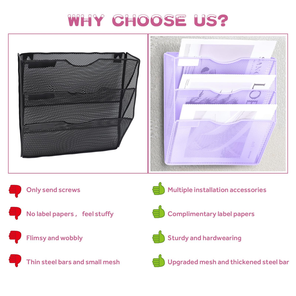 ideallife 3 Pockets Mesh Wall File Holder Organizer Office Hanging File Folder Magazine Rack