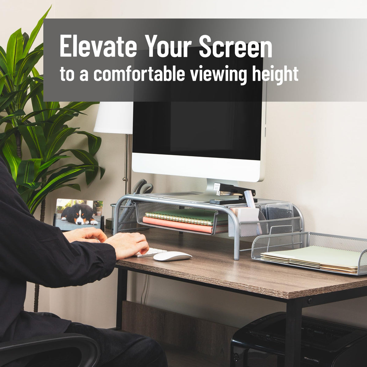Mind Reader Monitor Stand, Ventilated Laptop Riser, Paper Tray, Storage, Office, Metal Mesh, 20"L x