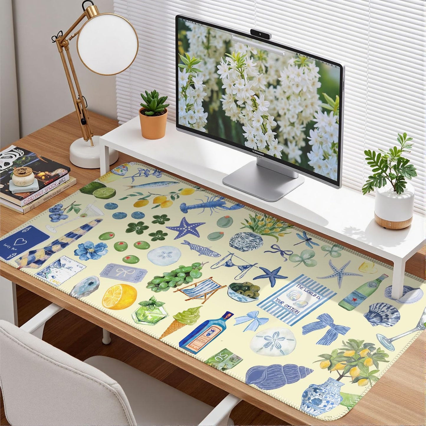 Nasdalgias Cute Pastel Coastal Desk Mat with Vibrant Sea Life Beige Large Mouse Pad Cozy Aesthetic