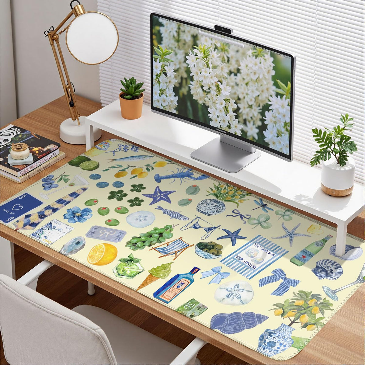 Nasdalgias Cute Pastel Coastal Desk Mat with Vibrant Sea Life Beige Large Mouse Pad Cozy Aesthetic