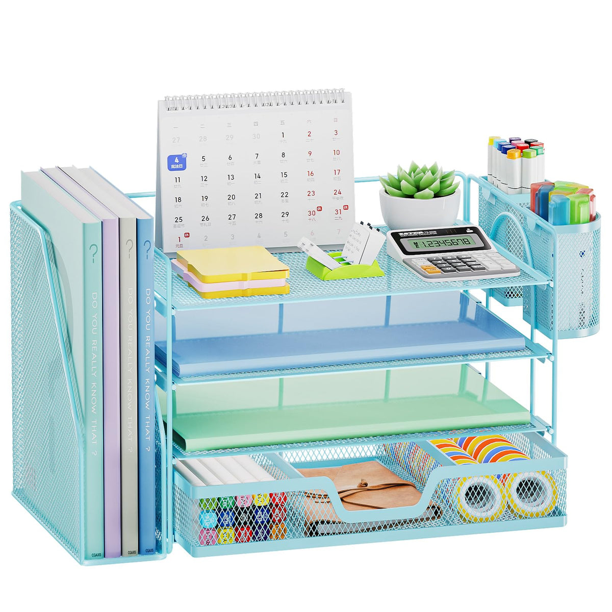 Marbrasse 4-Tier Paper Tray Organizer with Drawer and Pen Holder, Blue