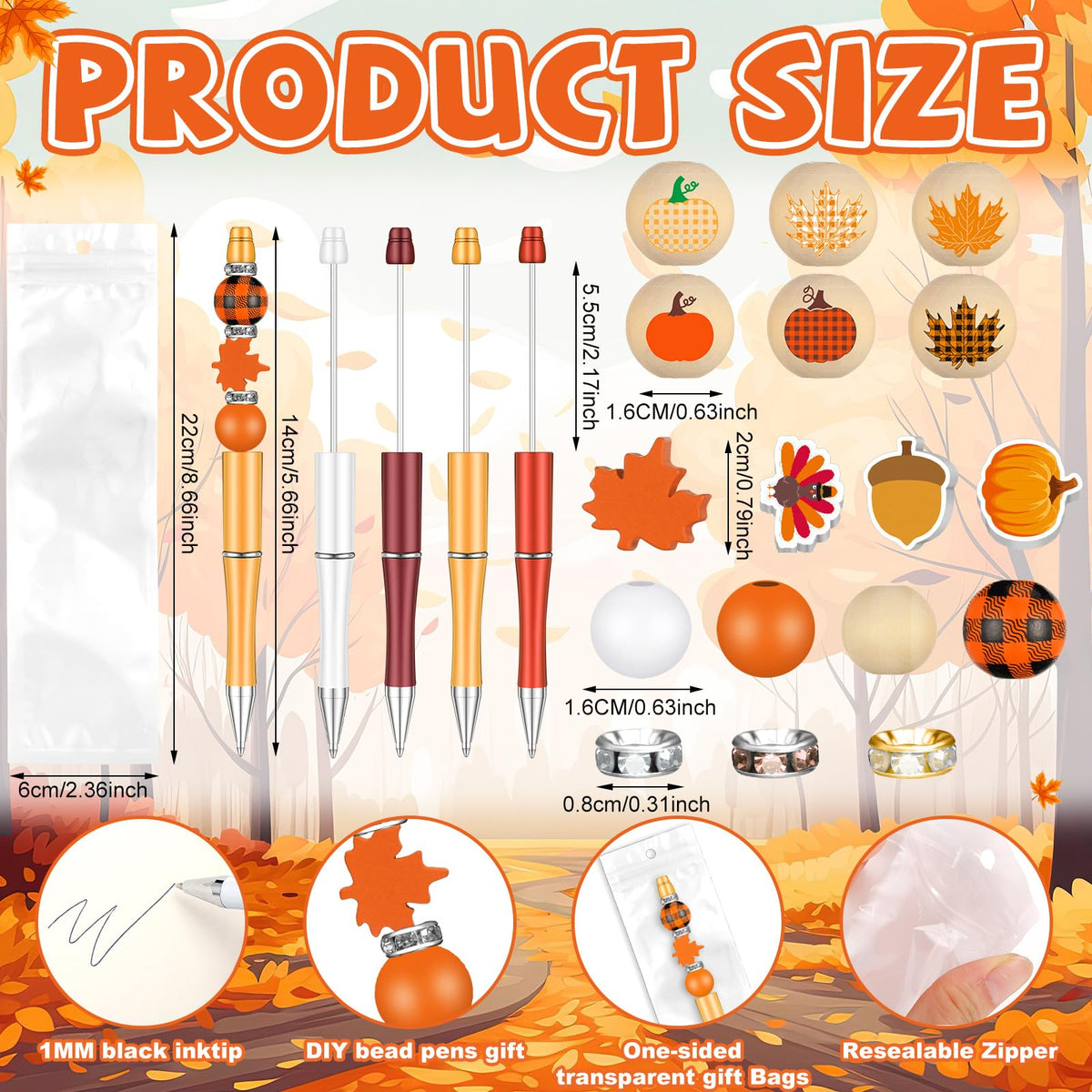 Zhanmai 197 Pcs Fall Bead Pens Kit Pumpkin, 24 Beadable Ballpoint Pens