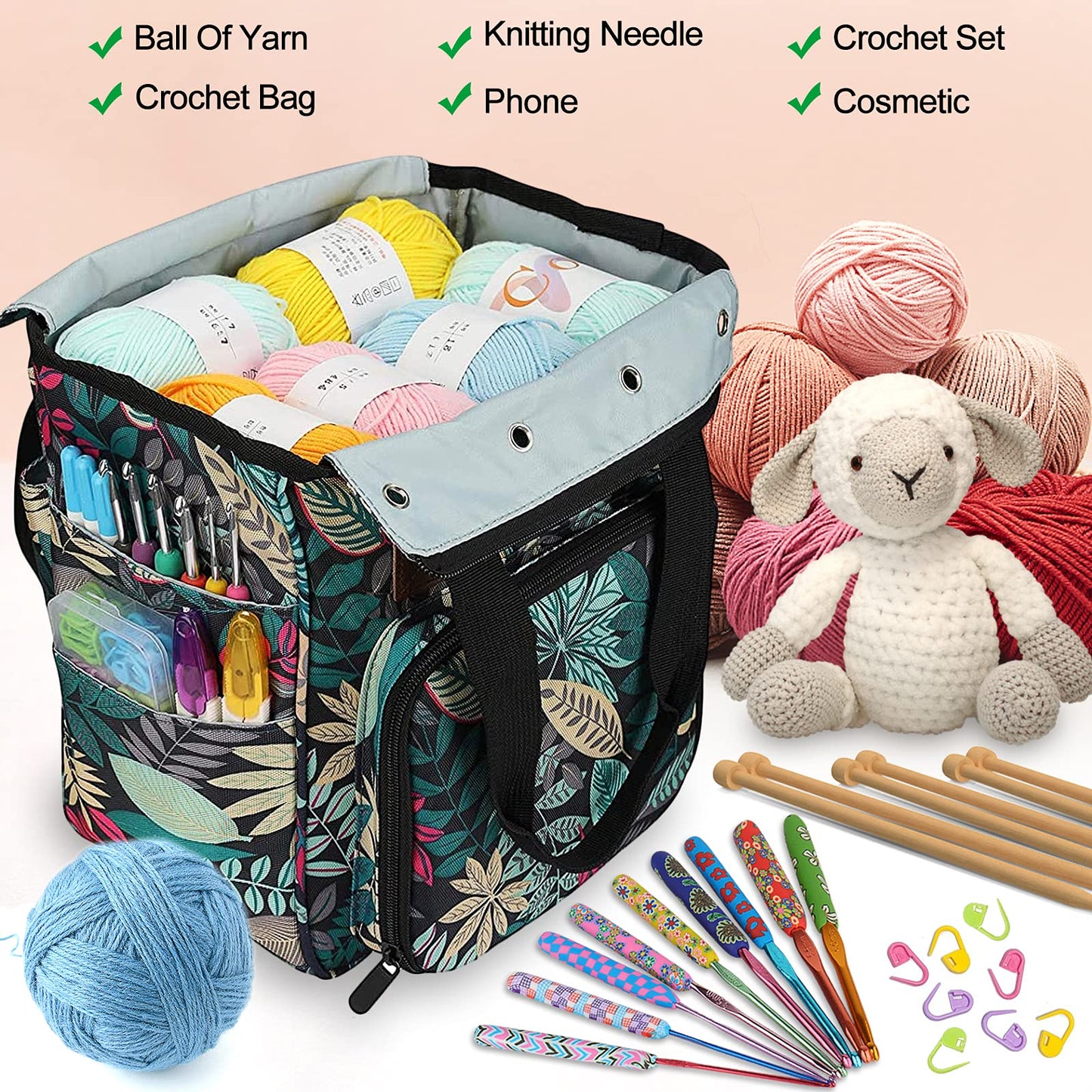 Coopay Crochet Bag w/Shoulder Strap, Yarn Bag Knitting Tote Bag-Forest