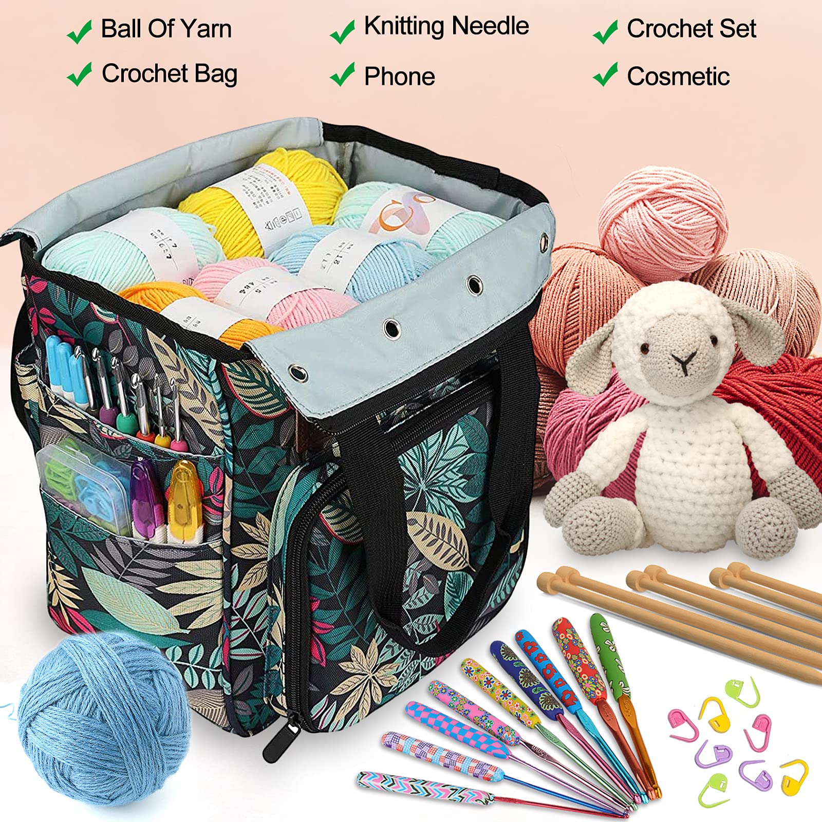 Coopay Crochet Bag w/Shoulder Strap, Yarn Bag Knitting Tote Bag-Forest