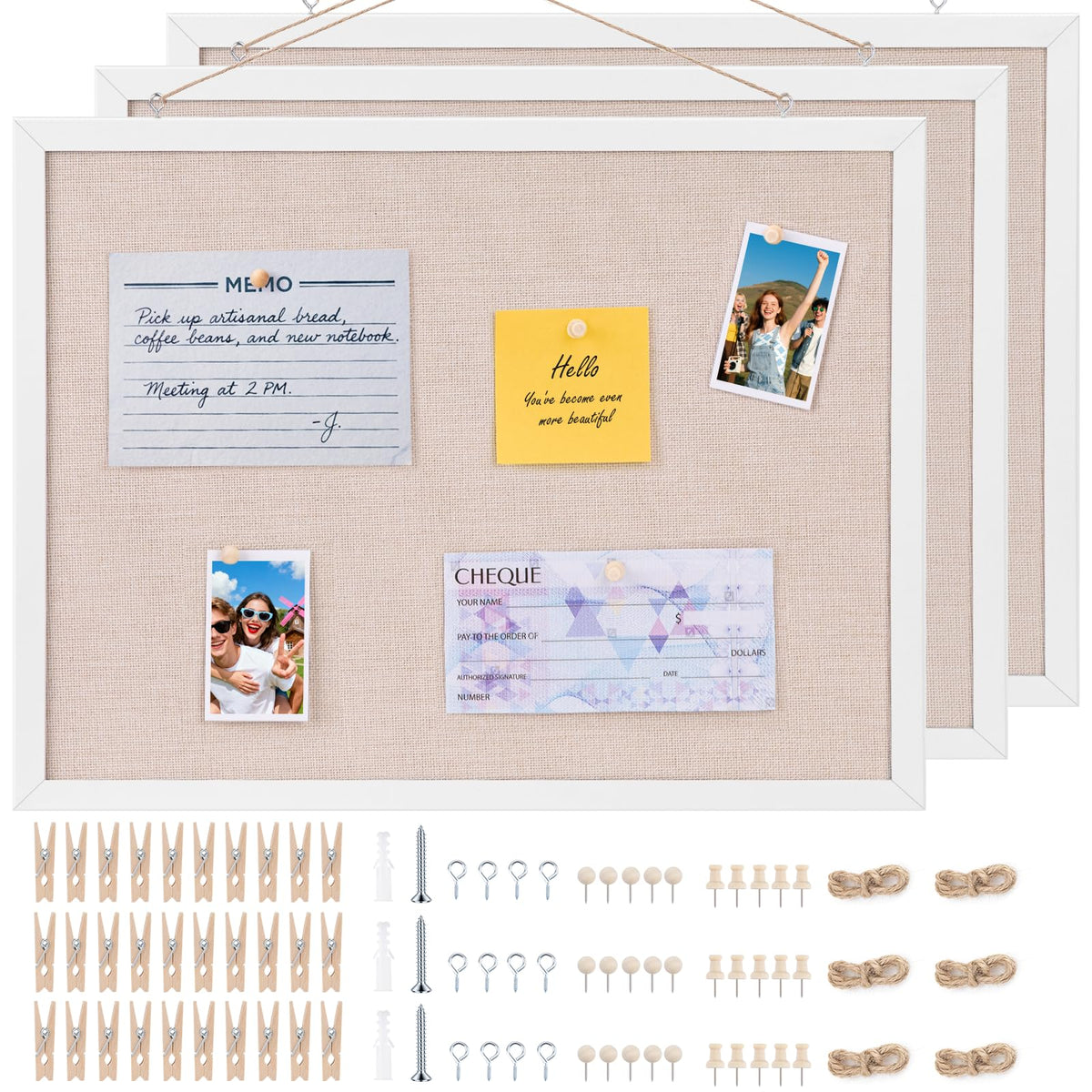 OWLKELA 3 Pcs Linen Cork Board, Wood, 17.7x13.3 Inch