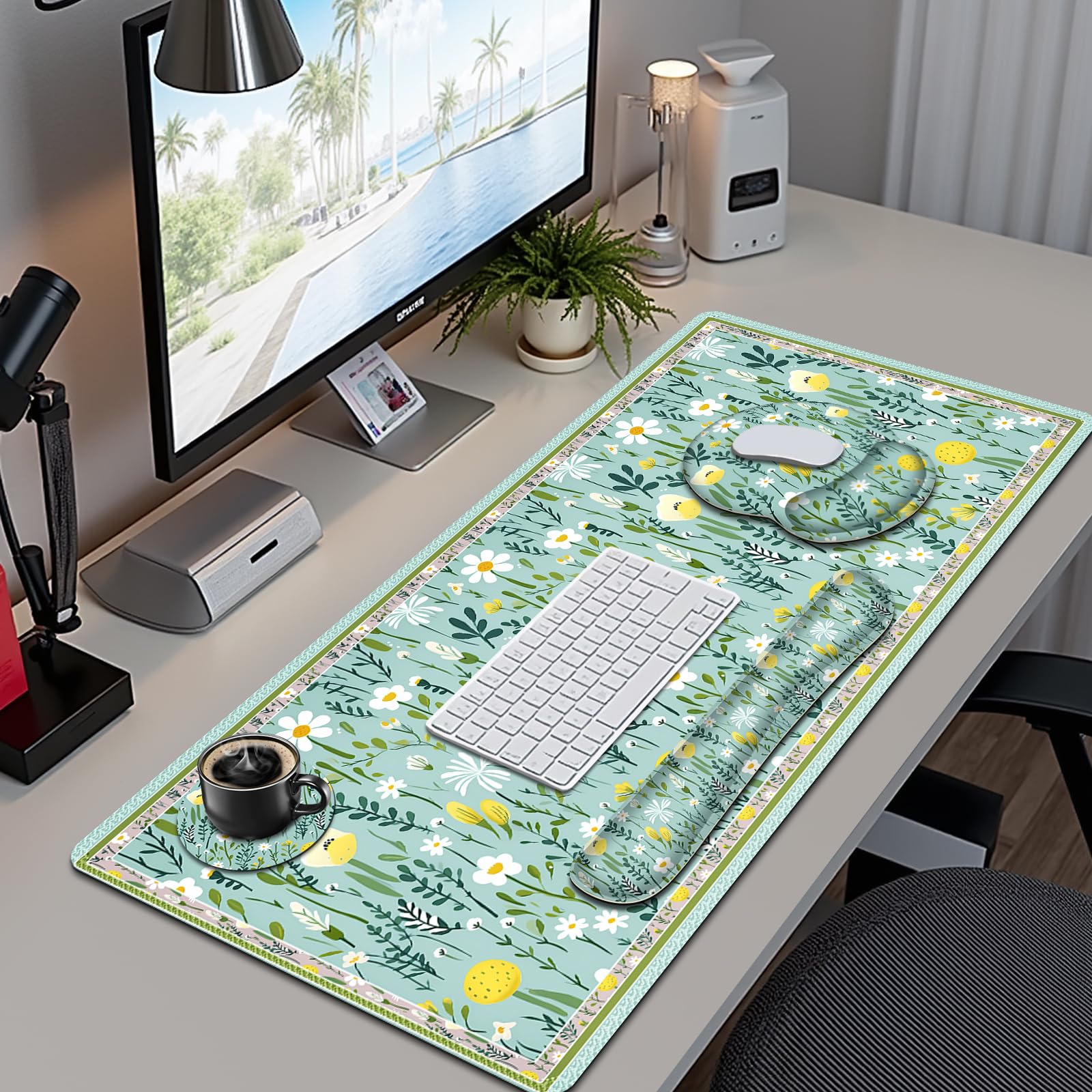 Floral Desk Mat, 4in1 Large Mouse Pad with Wrist Rest, Desk Matt for Desktop, Desk Pad Mat
