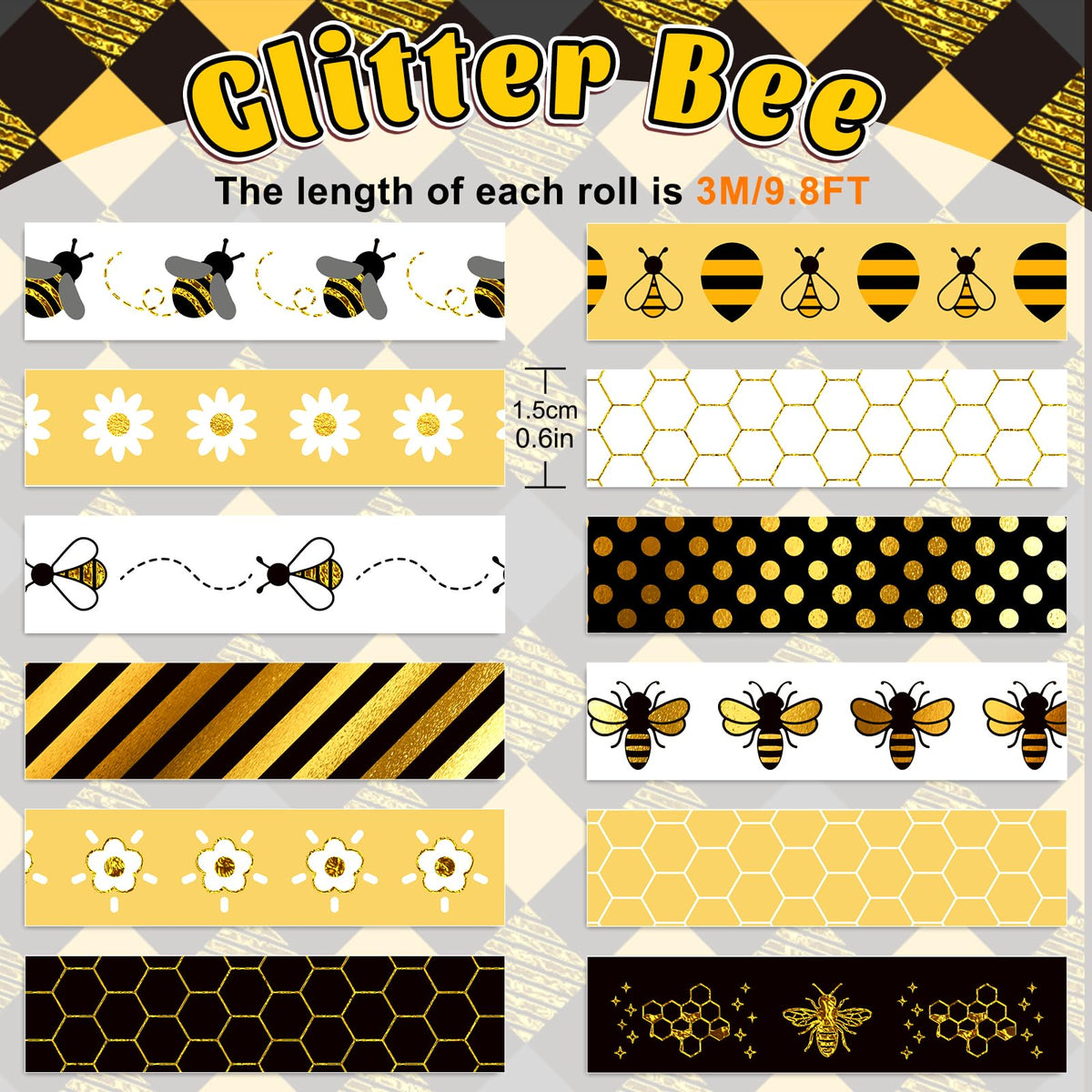 Whaline 12 Rolls Bee Washi Tape Summer Honey Bee Honeycomb Foil Gold Black Washi Masking Tape