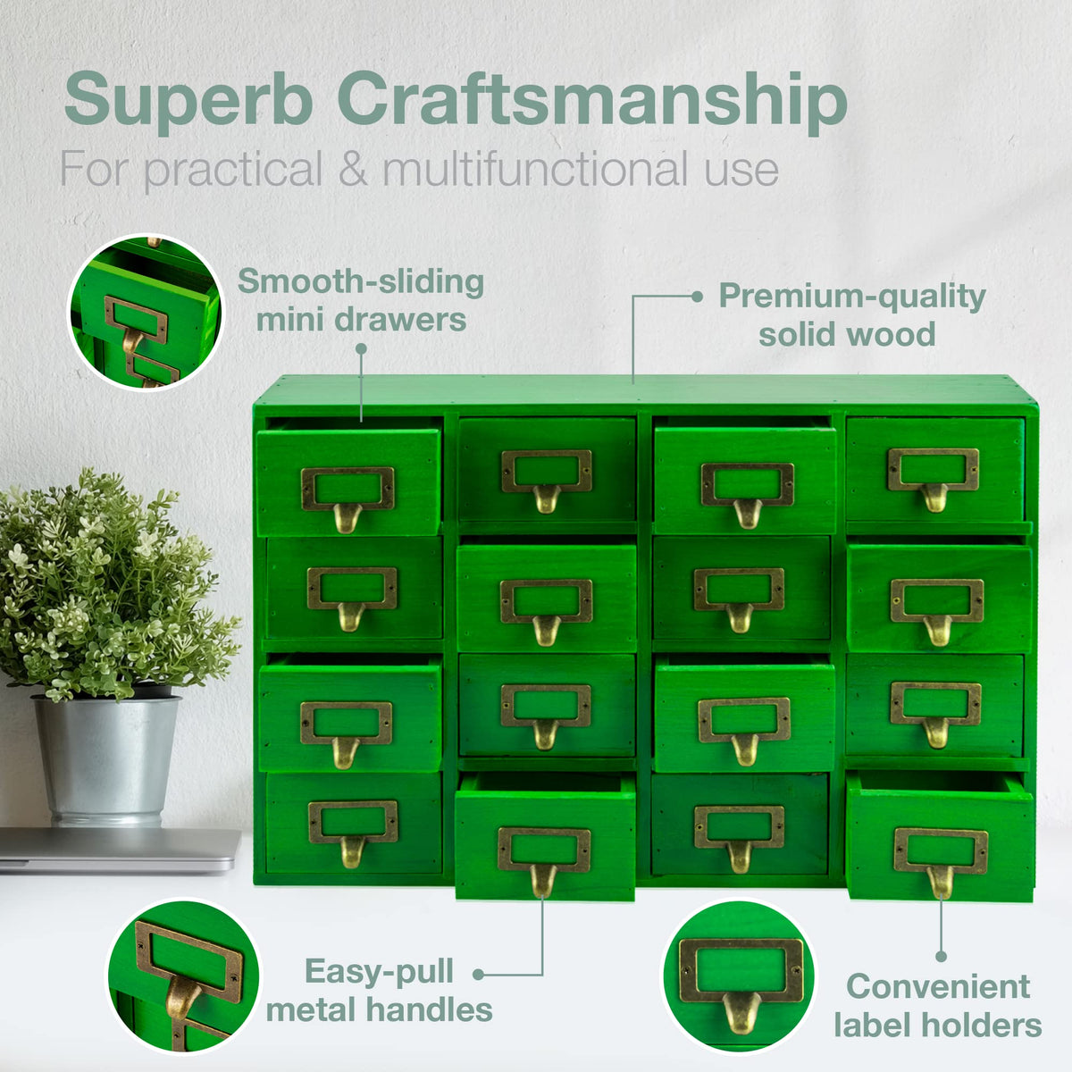 Emerald Green Wood 16-Drawer Apothecary Small Cabinet - 20"x3.6”x14” Card Catalog Style Table Top