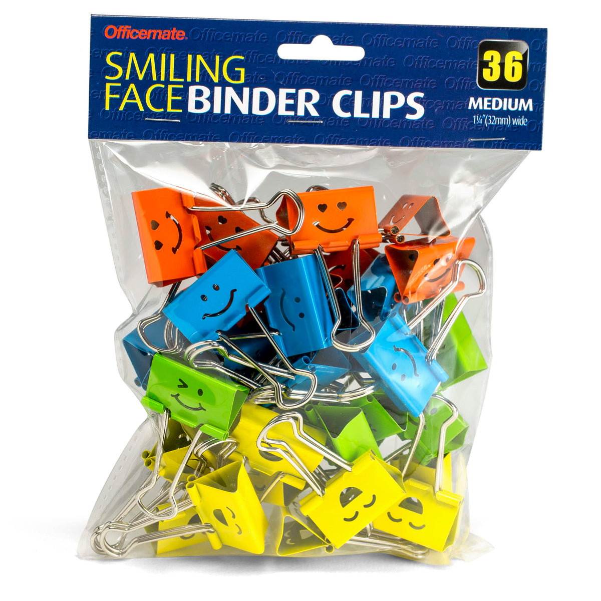 Officemate Smiling Face Binder Clips, Medium, Assorted Colors 36 Pcs, Paper Clamps for