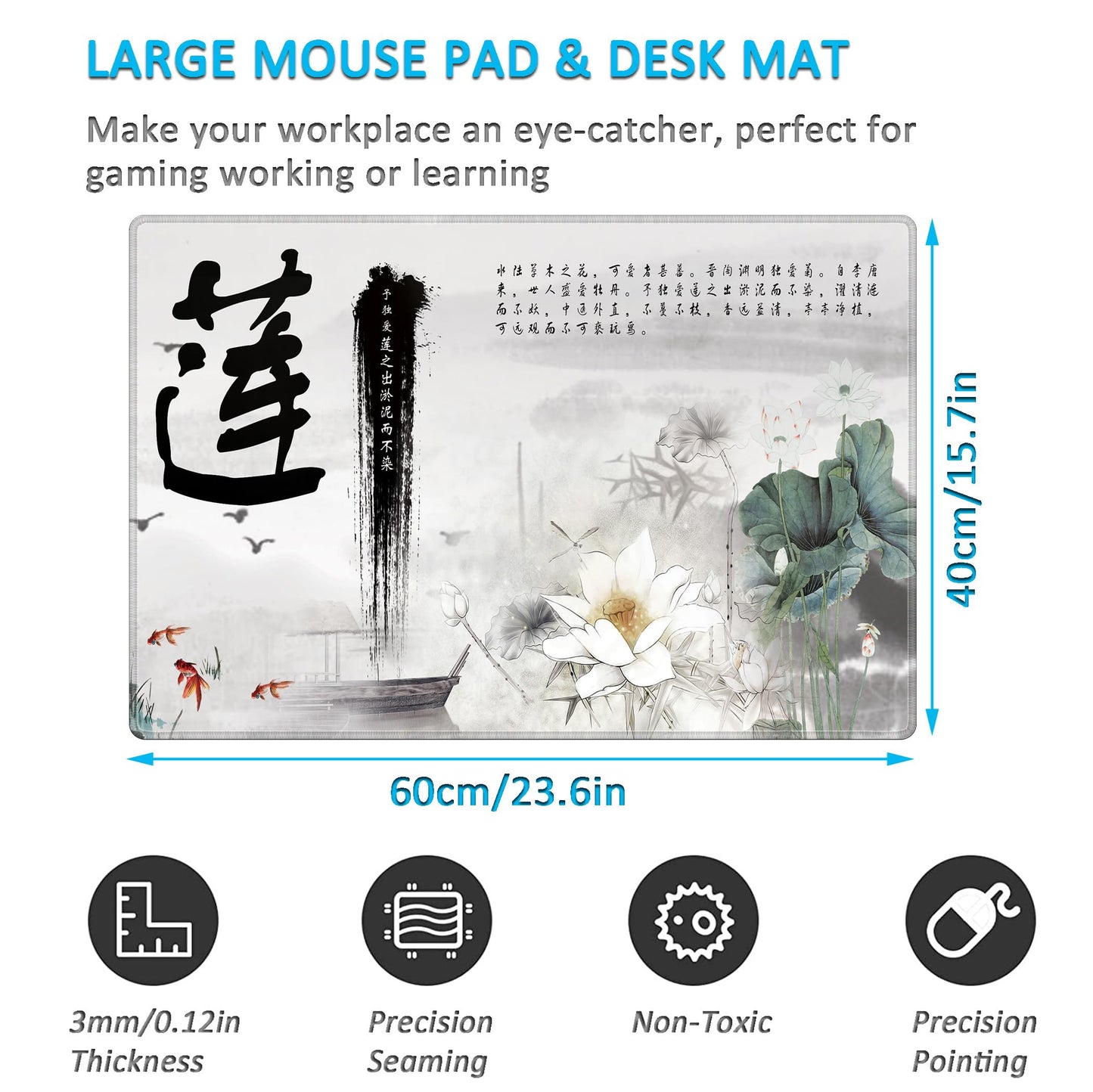 LL-COEUR XXL Landscape Gaming Mouse Pad Computer Keyboard Mat Office Desk Pad (Lotus 2, 23.6" x