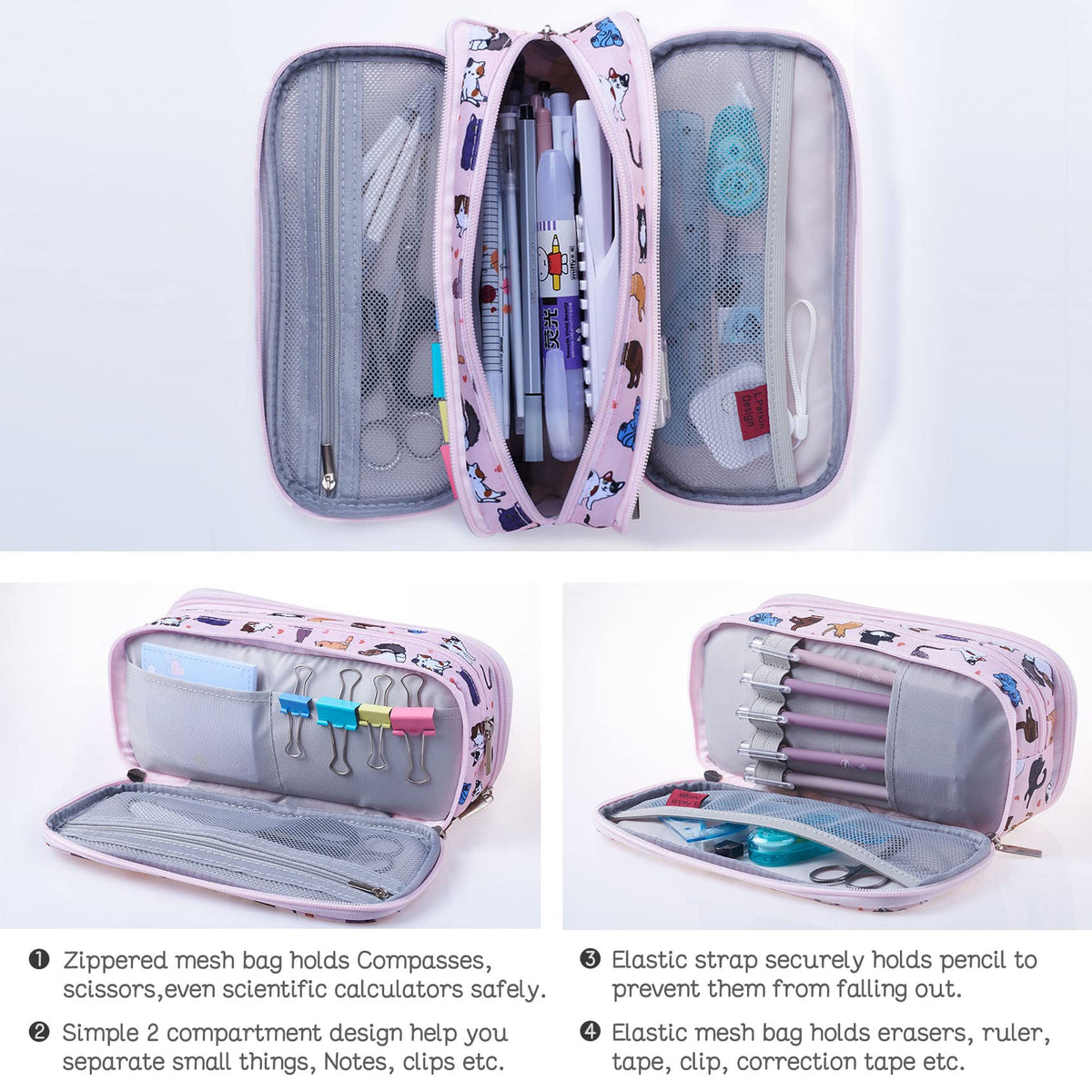 LParkin Cute Cat Pencil Case Super Large Capacity 3 Compartments Canvas Pencil Box Kawaii Makeup