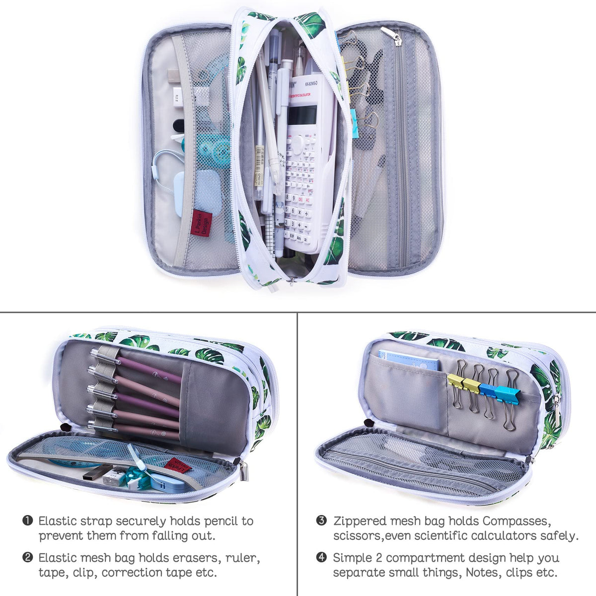 LParkin Tree Leaves Cute Pencil Case Super Large Capacity 3 Compartments Canvas Pen Bag Pouch