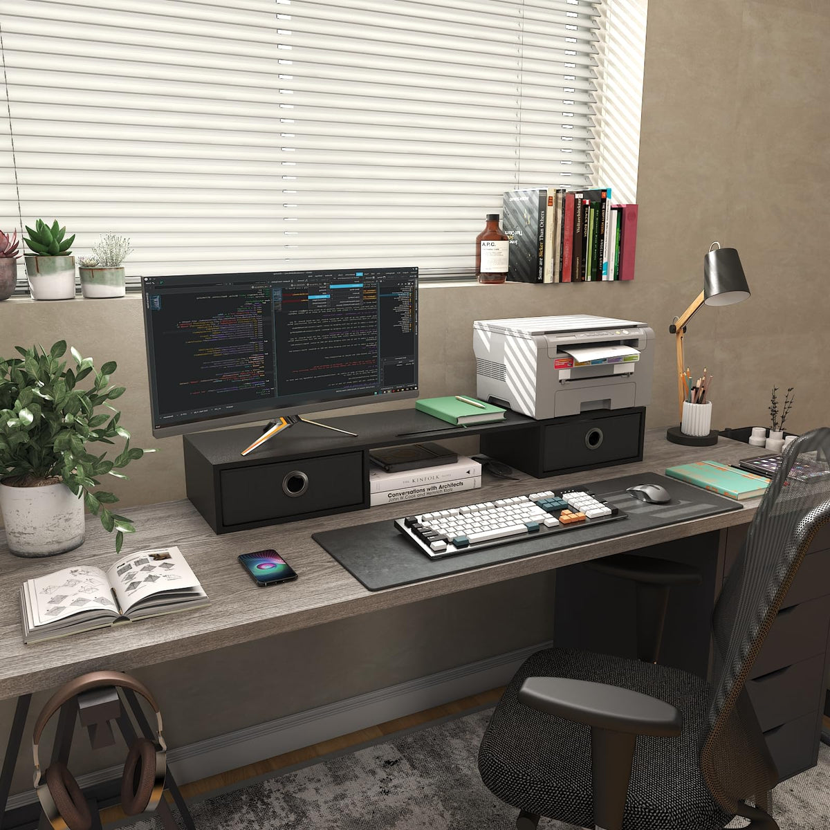 WESTREE Dual Monitor Stand Riser with Two Drawers, Extra Large Storage Monitor Stand for 2