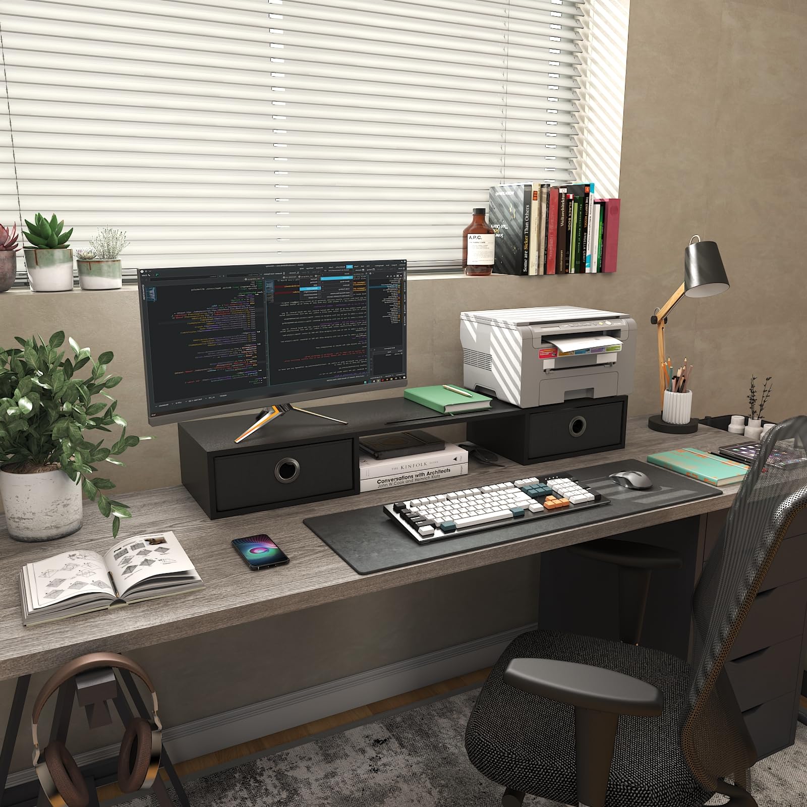 WESTREE Dual Monitor Stand Riser with Two Drawers, Extra Large Storage Monitor Stand for 2