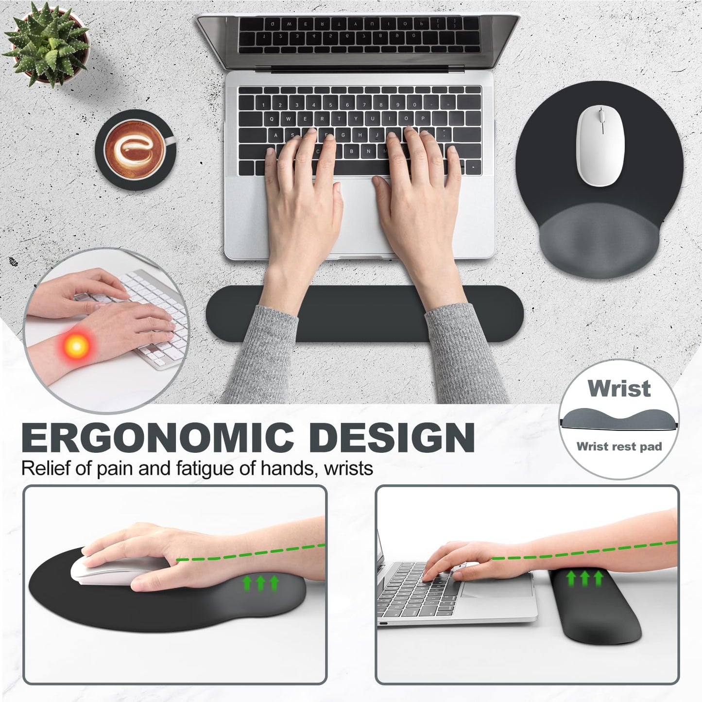 AIMSA Mouse Pad with Wrist Rest Support, Keyboard Wrist Rest Set, Ergonomic Memory Foam Mousepad