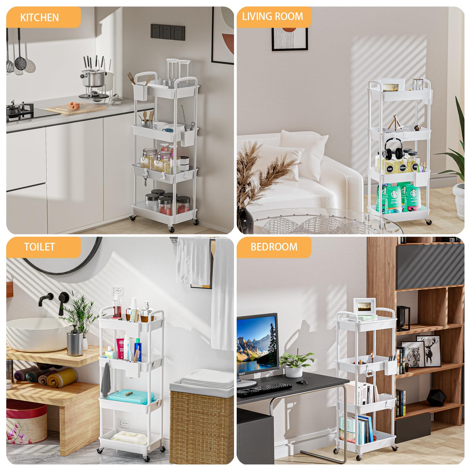 4 Tier Rolling Utility Cart with Handle,REBECAT Utility Cart Made of Multifunctional Storage