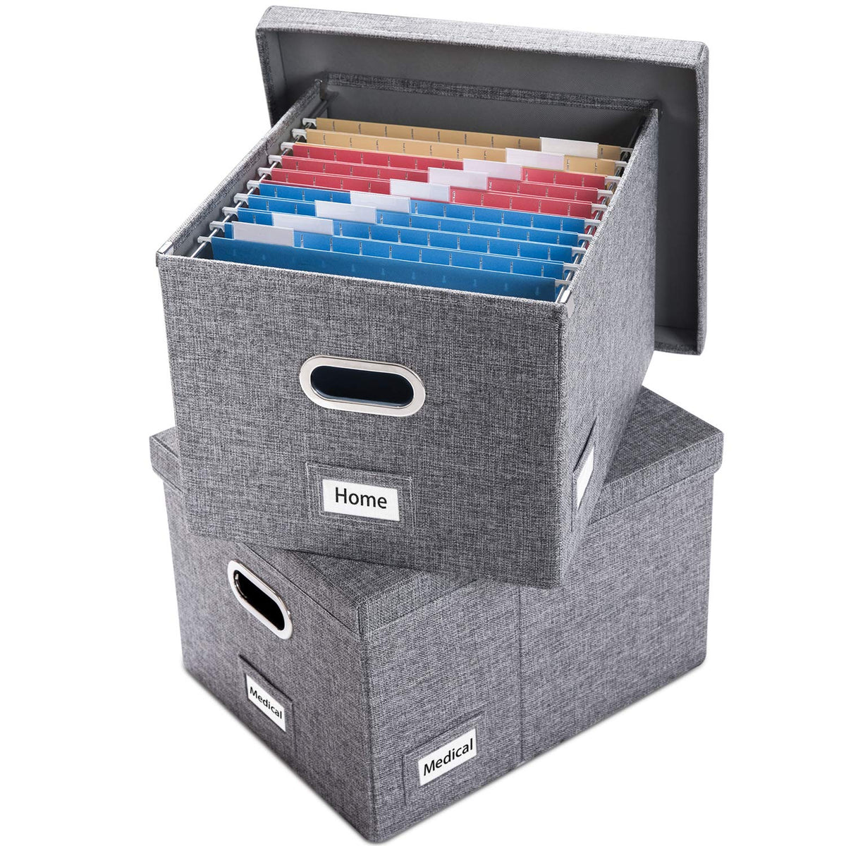 PRANDOM File Organizer Box - Set of 2 Collapsible Decorative Linen Filing Storage Hanging File