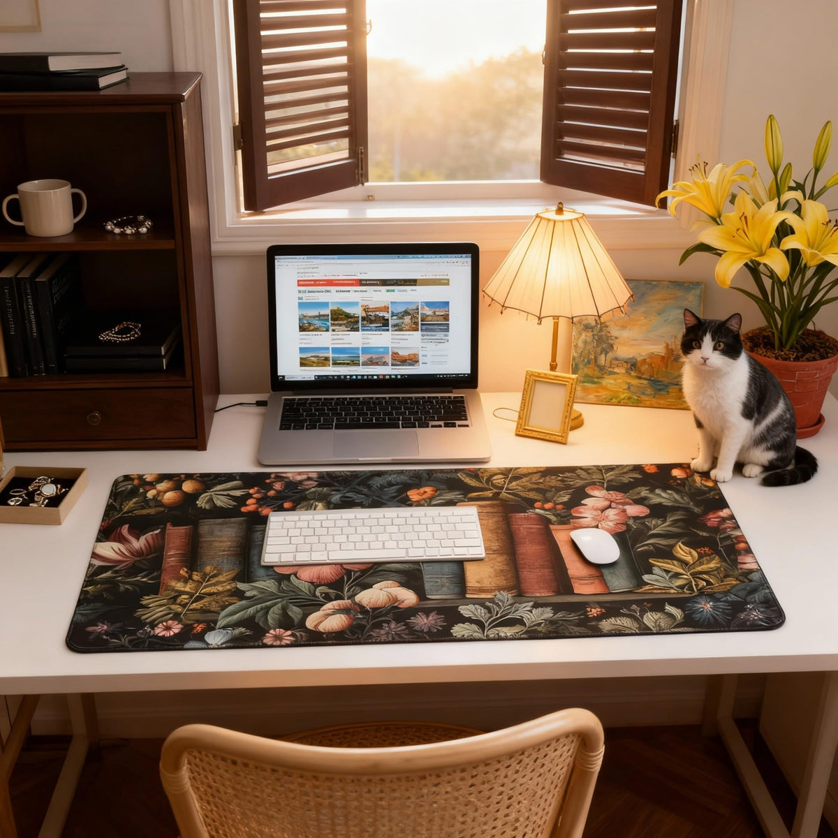 Dark Academia Desk Mat, Floral & Book Pattern XXL Mouse Pad with Anti-Slip Base & Stitched Edges