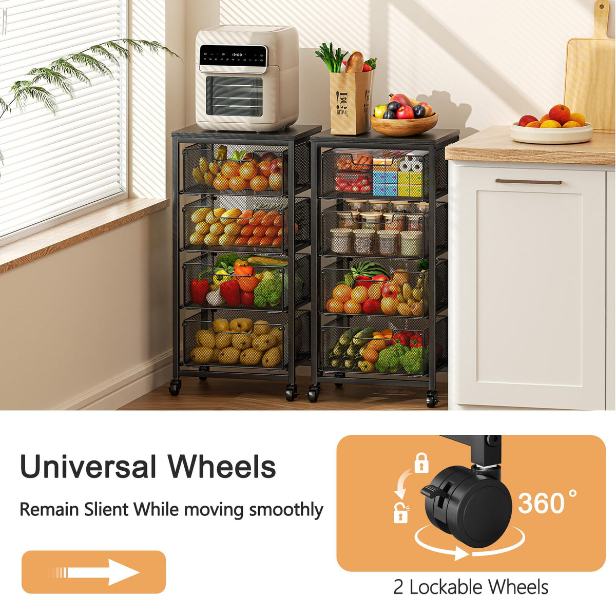 4-Tier Fruit Vegetable Storage Cart - Kitchen Organizer and Storage Cart with Wheels, Wooden Top