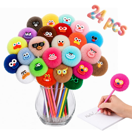 CZWZ 24 Pack Pom Pom Pens Fluffy Cute Pens - Funny Emoji Face Kawaii Plush Novelty Gel Ink Pens