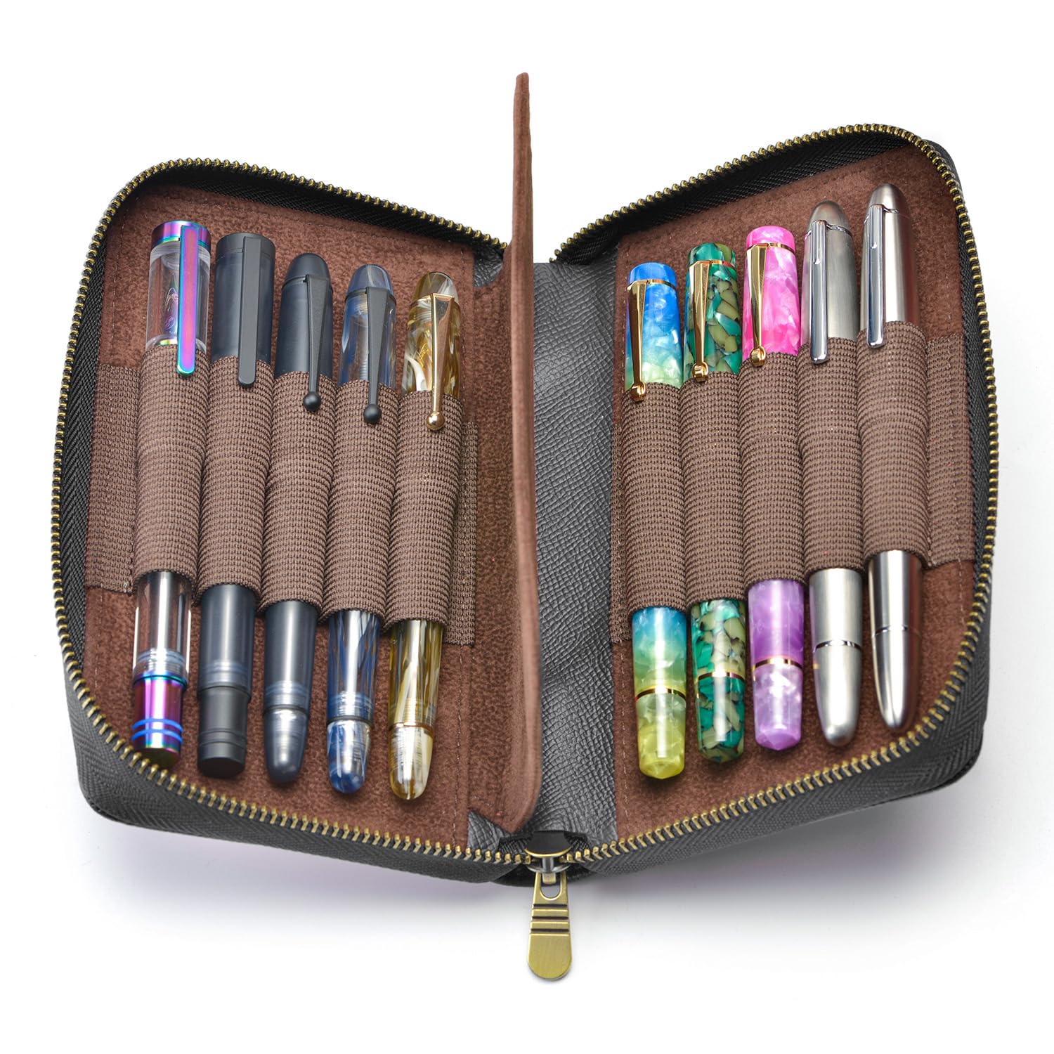 Fountain Pen Case Genuine Leather Pen Case 10 Divided Slots Black, Rollerball Pen Holder Handmade