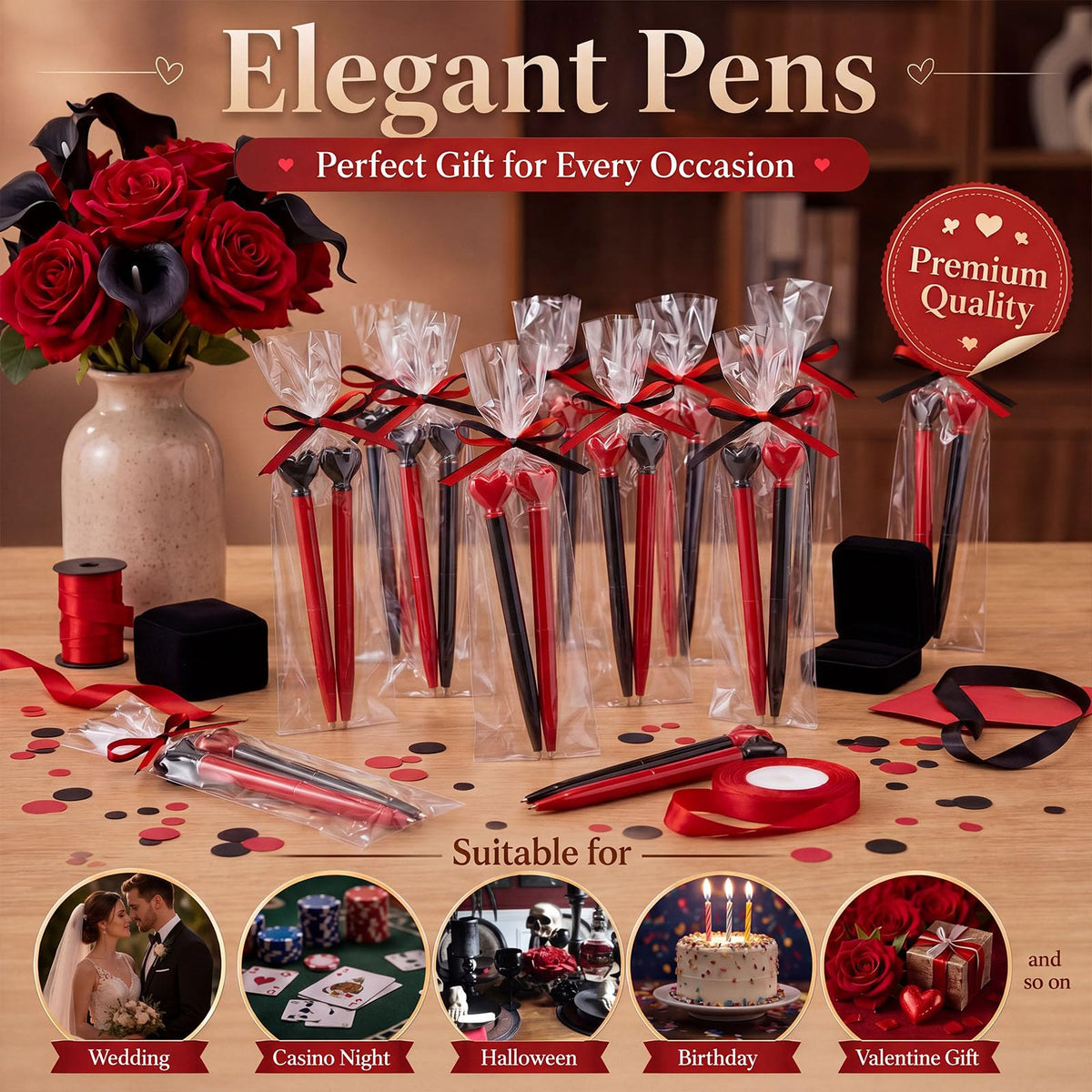 Thenshop 24 Pcs Black and Red Heart Shaped Pens Retractable Metal Cute Pens 1.0 mm Black Ink